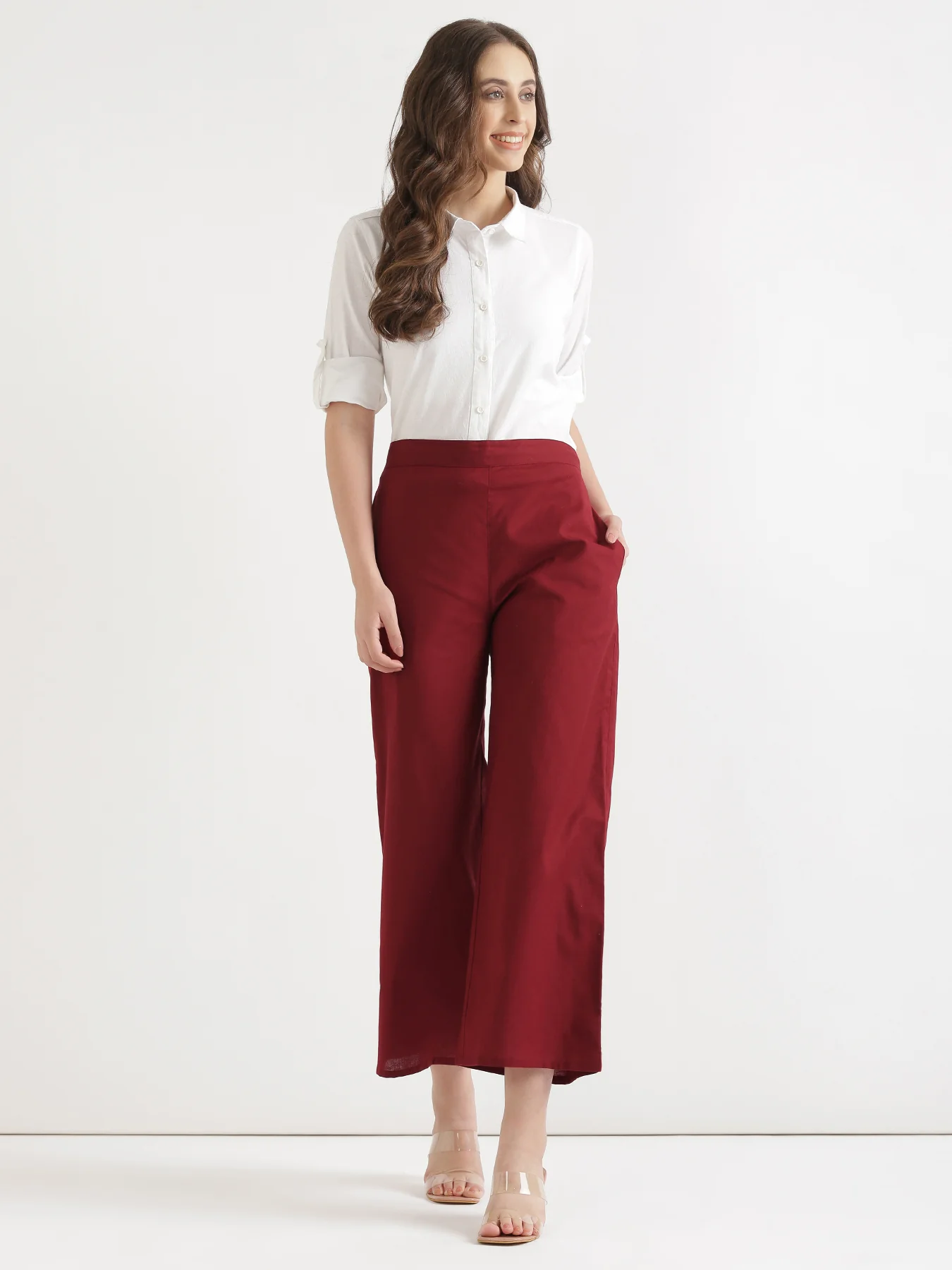 Women Maroon Airy Linen Wide Leg Pant - Image 7