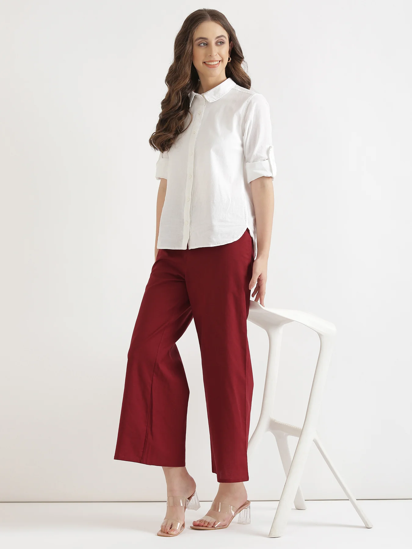 Women Maroon Airy Linen Wide Leg Pant - Image 8