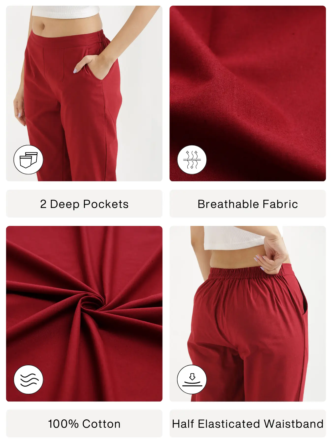 Women Maroon Cotton Pant - Image 2