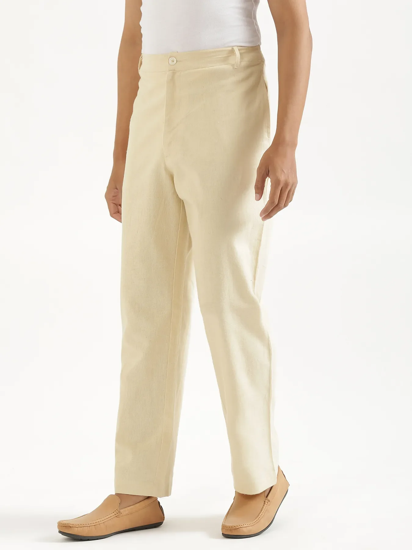 Men Beige Linen Blend Straight Pant - Image 4