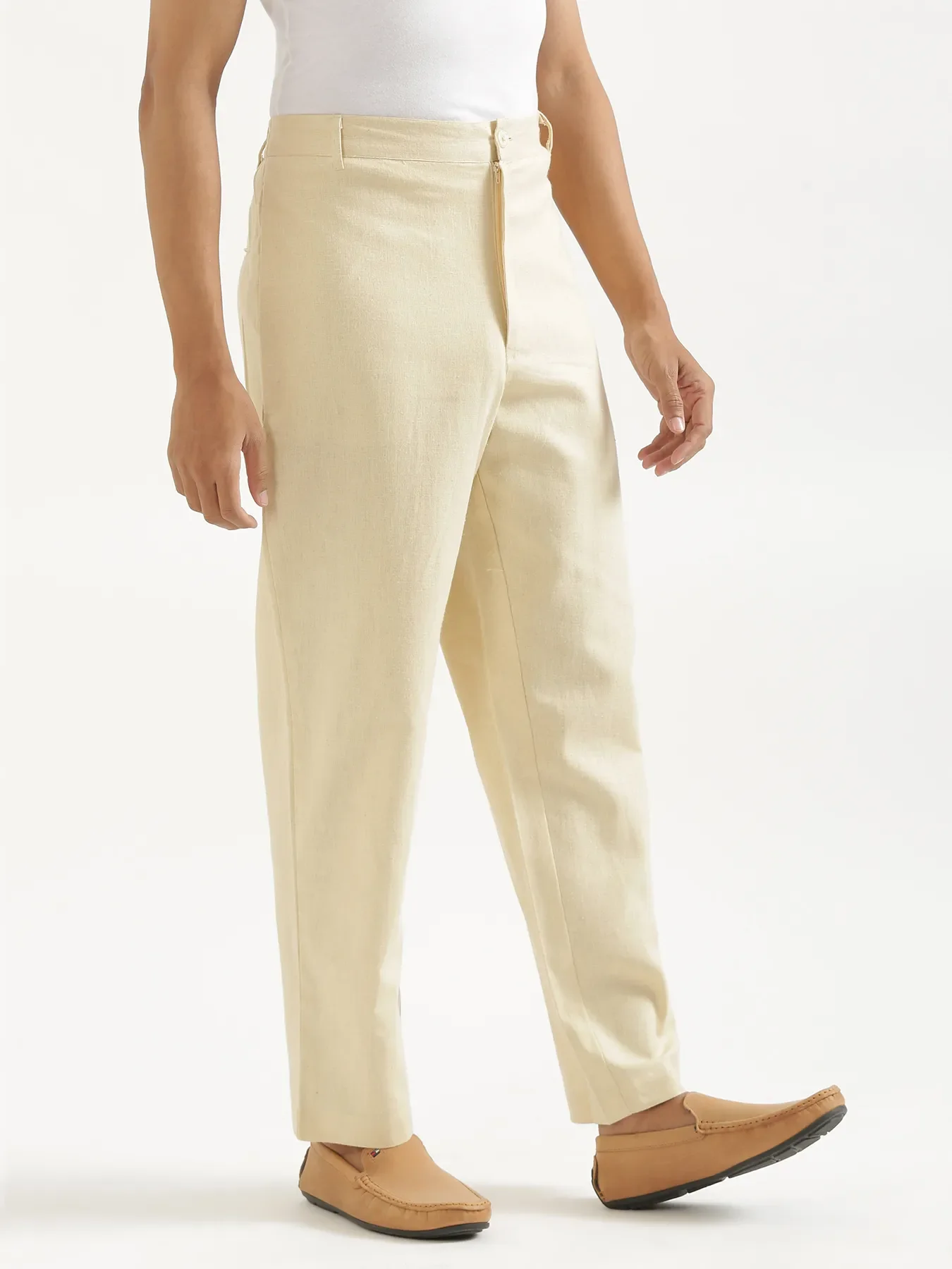 Men Beige Linen Blend Straight Pant - Image 5