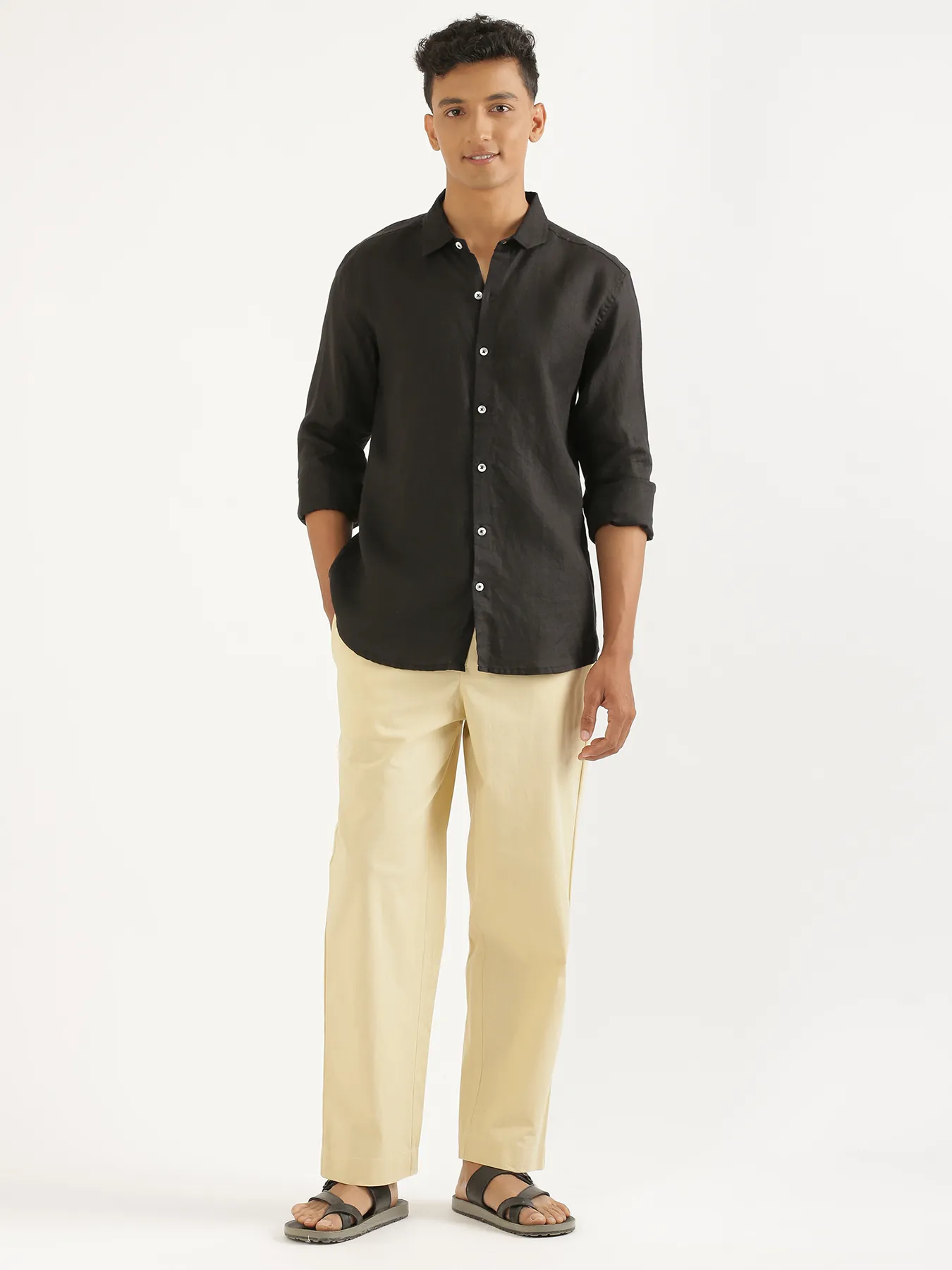 Men Black Pure Linen Full Sleeve Shirt - Image 3