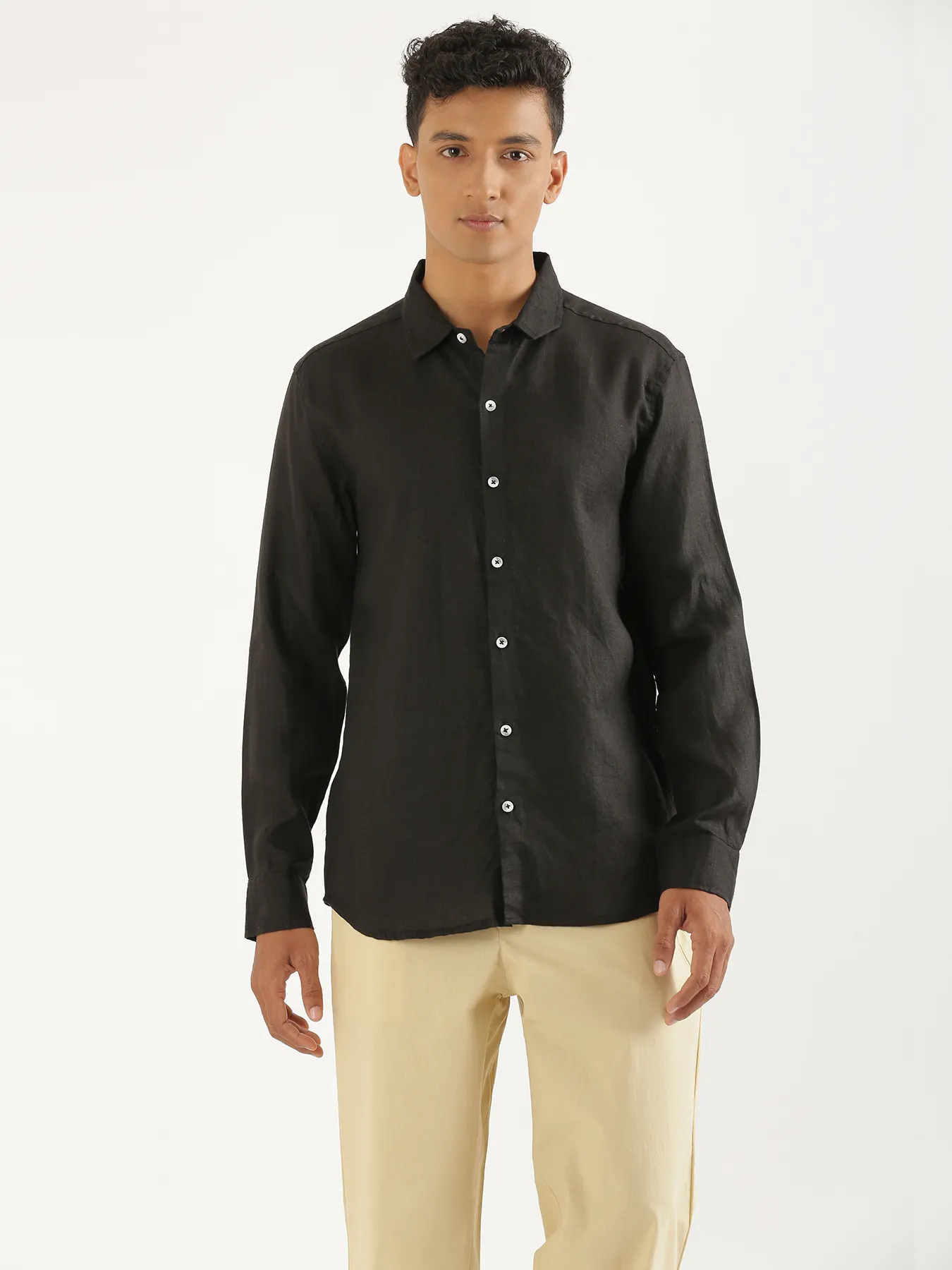 Men Black Pure Linen Full Sleeve Shirt - Image 4
