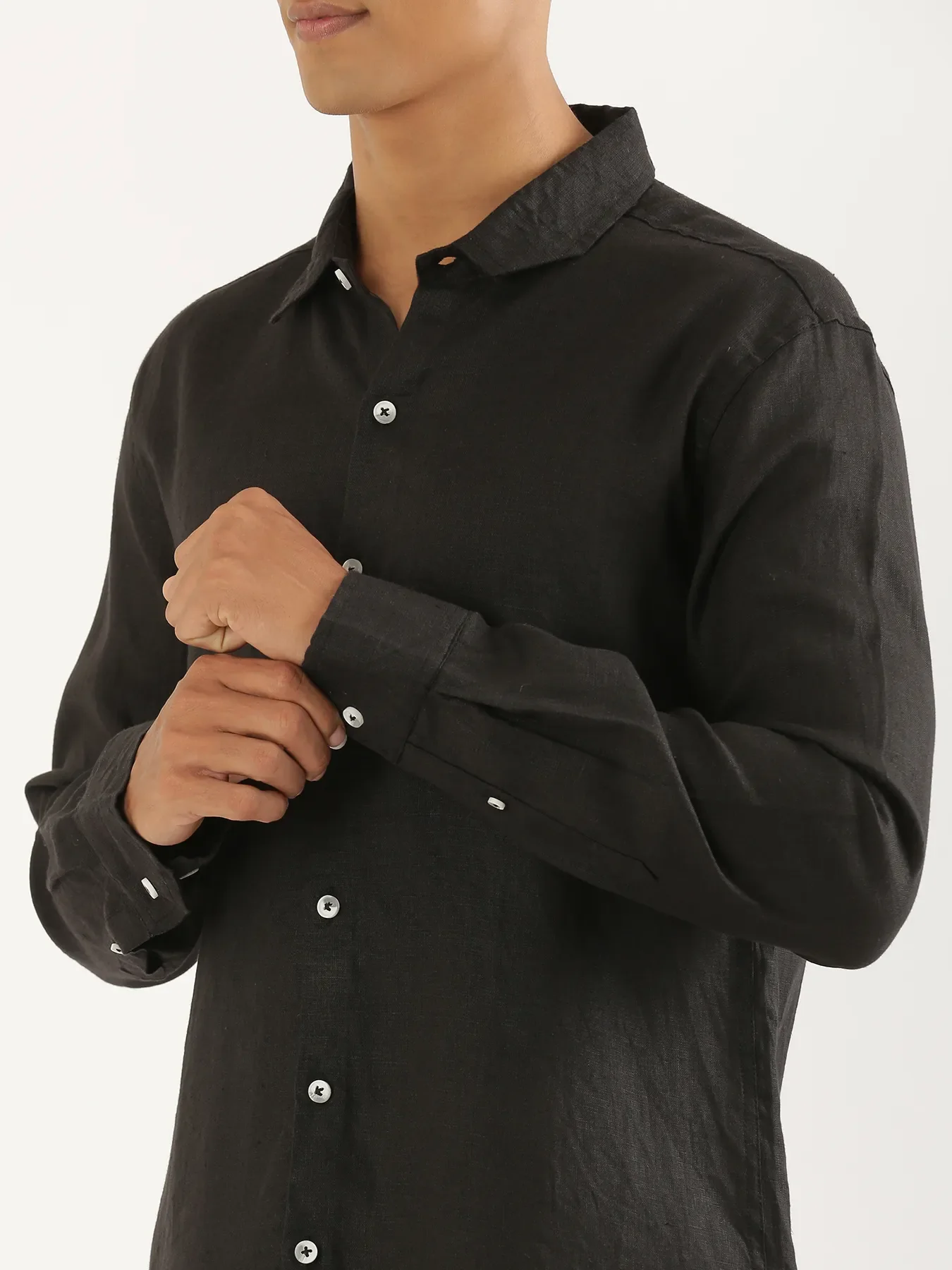 Men Black Pure Linen Full Sleeve Shirt - Image 7