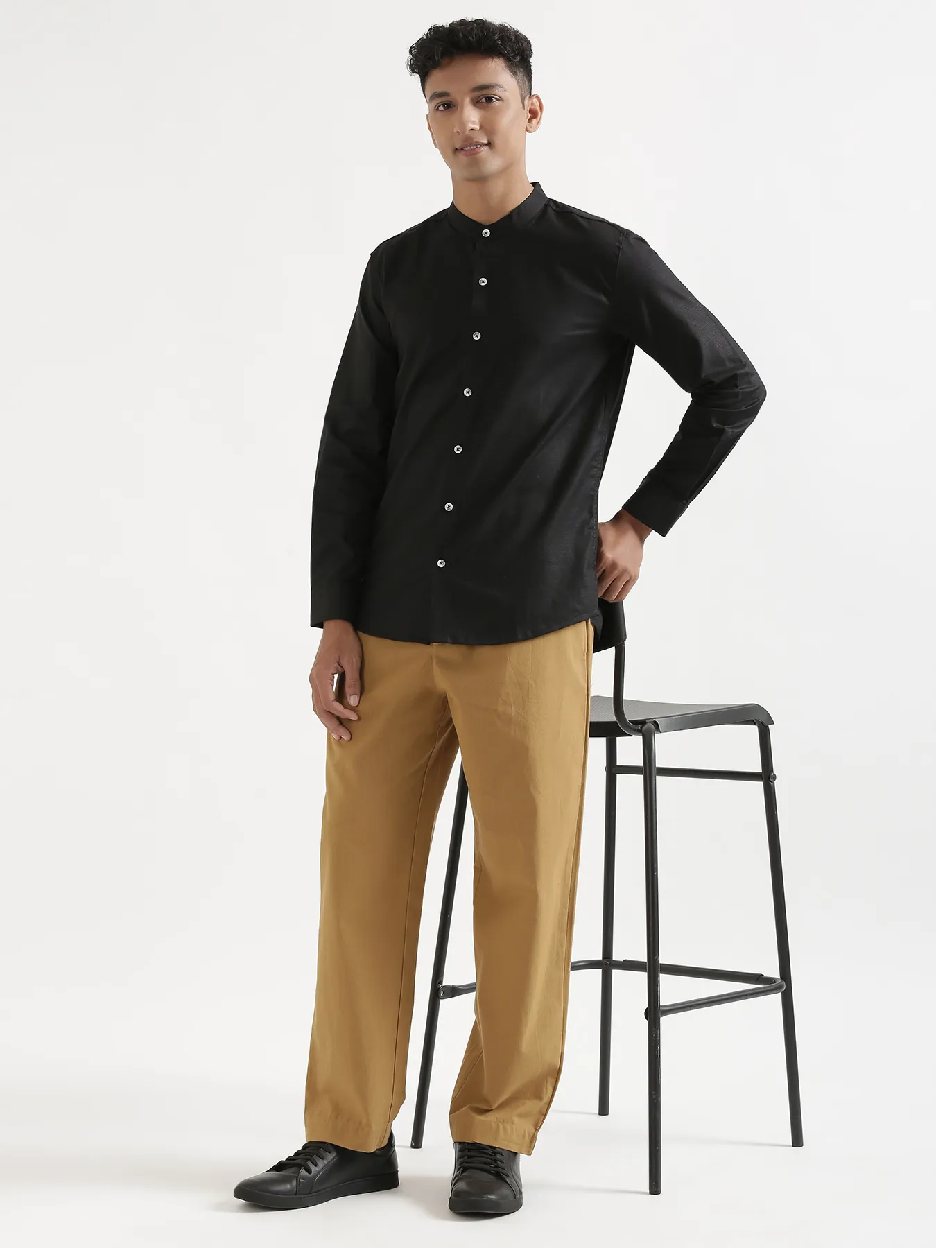 Men Black Linen Blend Mandarin Collar Shirt - Image 13