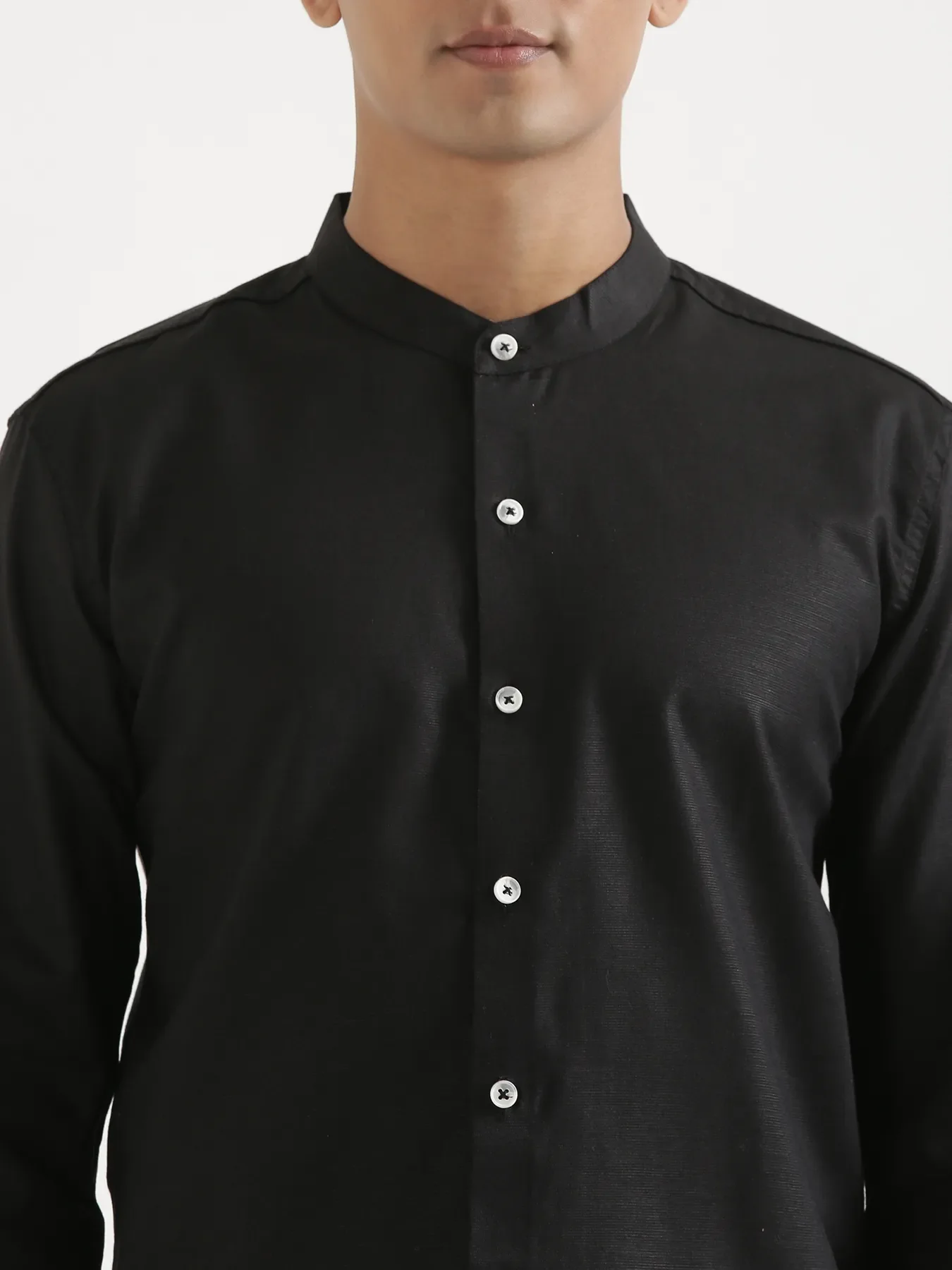 Men Black Linen Blend Mandarin Collar Shirt - Image 5