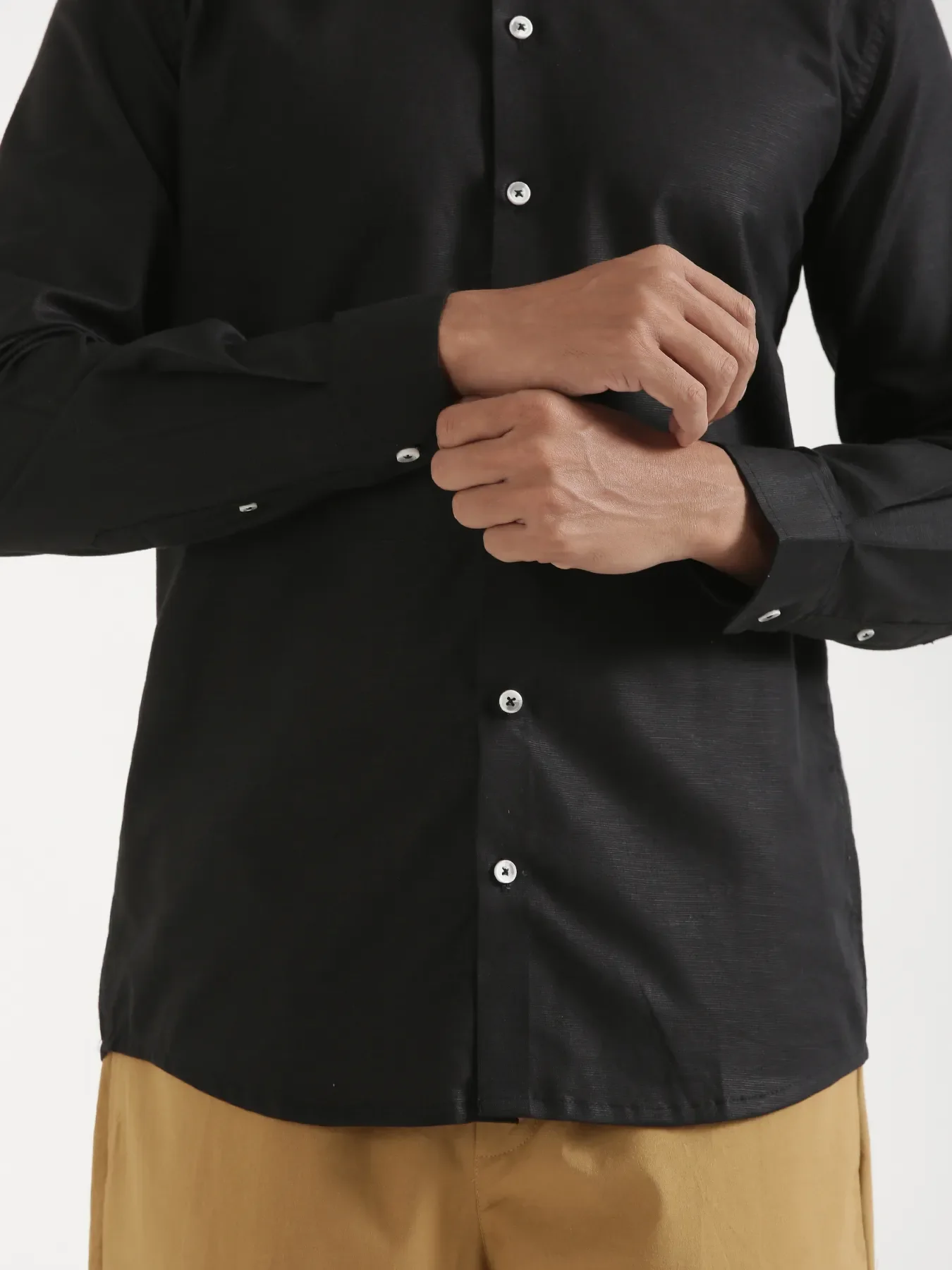 Men Black Linen Blend Mandarin Collar Shirt - Image 7