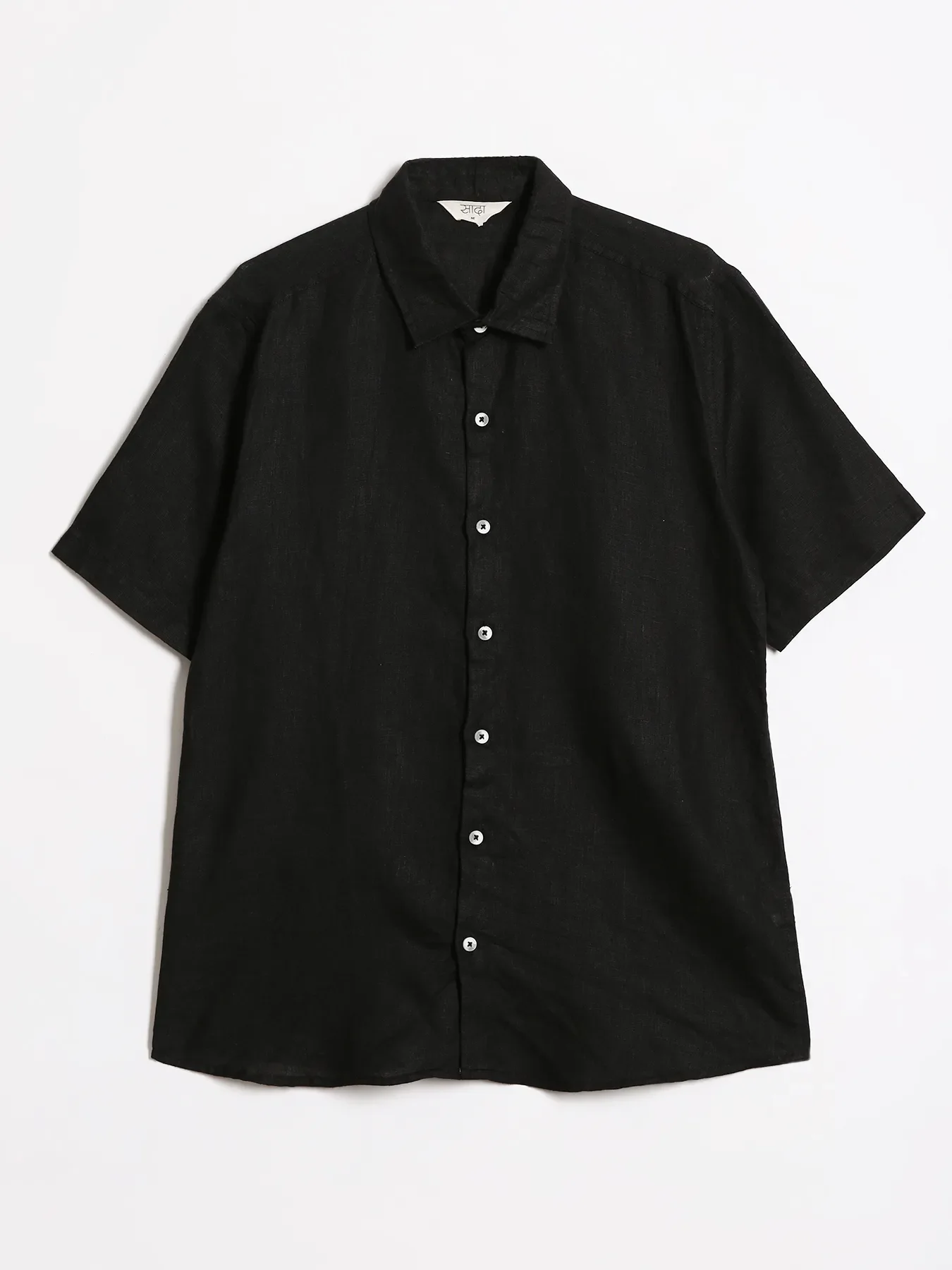 Men Black Pure Linen Short Sleeve Shirt - Image 11