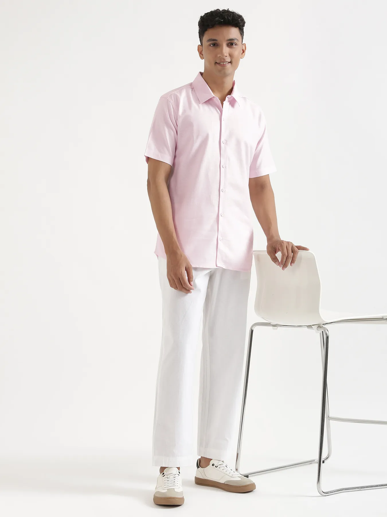 Men Blush Pink Linen Blend Short Sleeve Shirt - Image 11