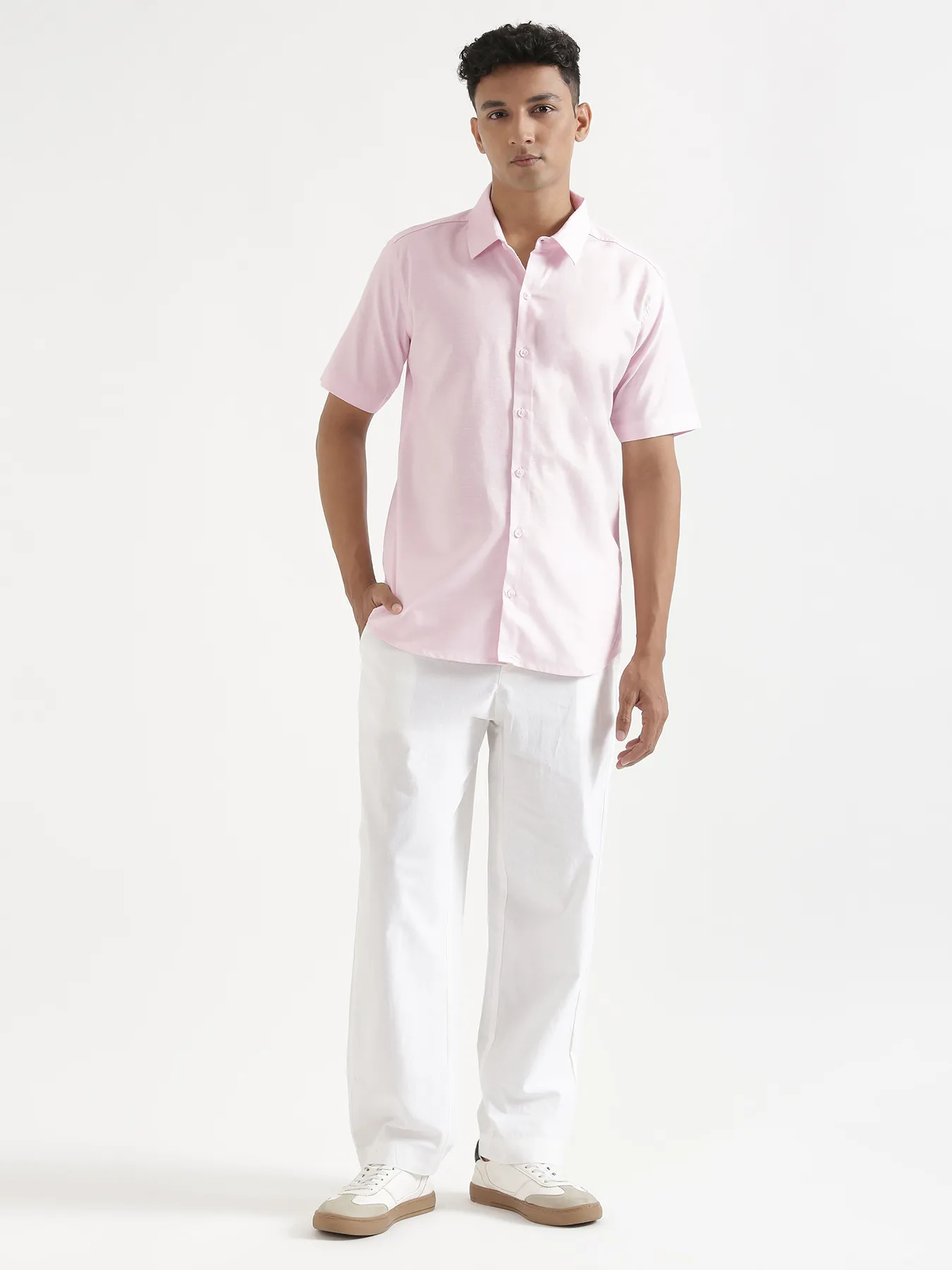Men Blush Pink Linen Blend Short Sleeve Shirt - Image 3