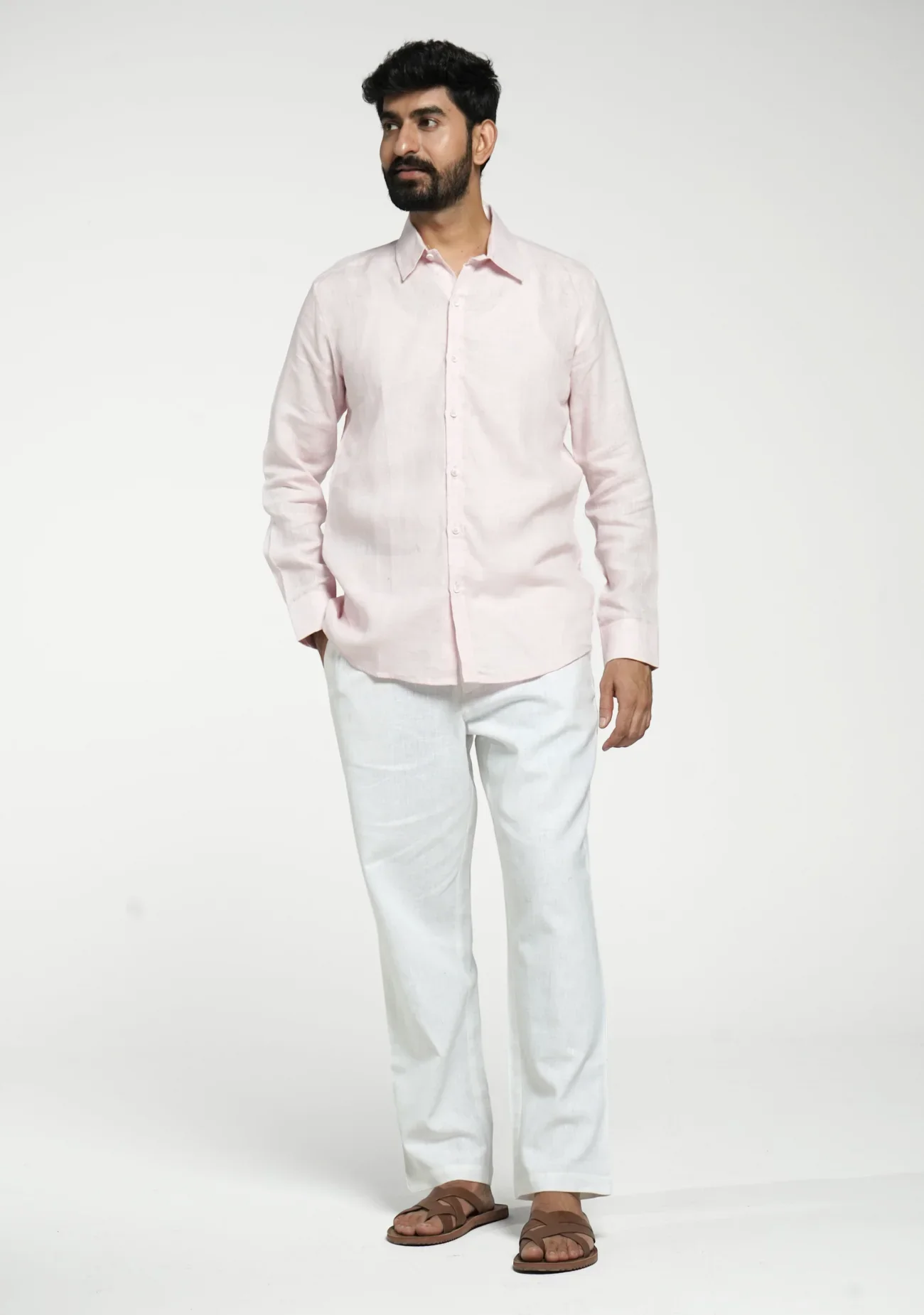 Men Blush Pink Pure Linen Full Sleeve Shirt - Image 3