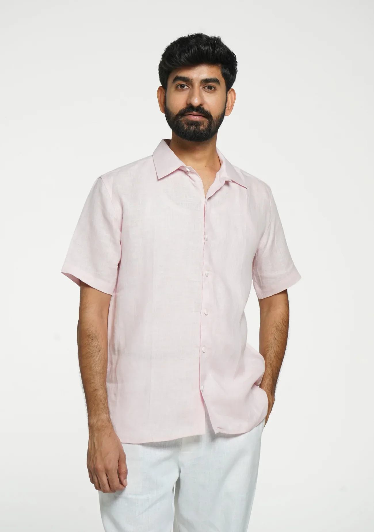 Men Blush Pink Pure Linen Short Sleeve Shirt - Image 10