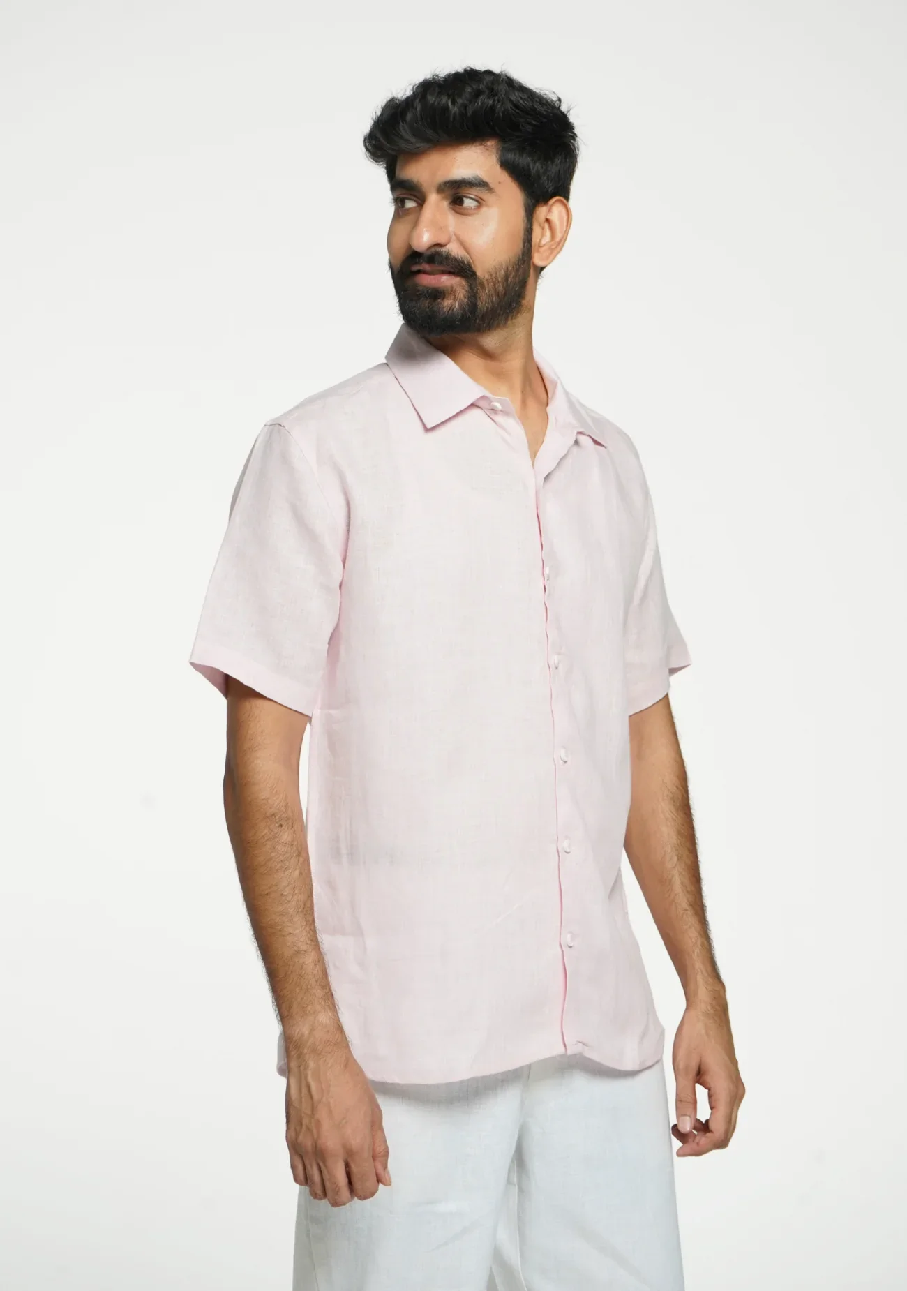 Men Blush Pink Pure Linen Short Sleeve Shirt - Image 11