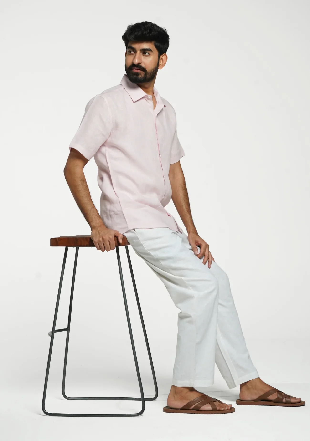 Men Blush Pink Pure Linen Short Sleeve Shirt - Image 12
