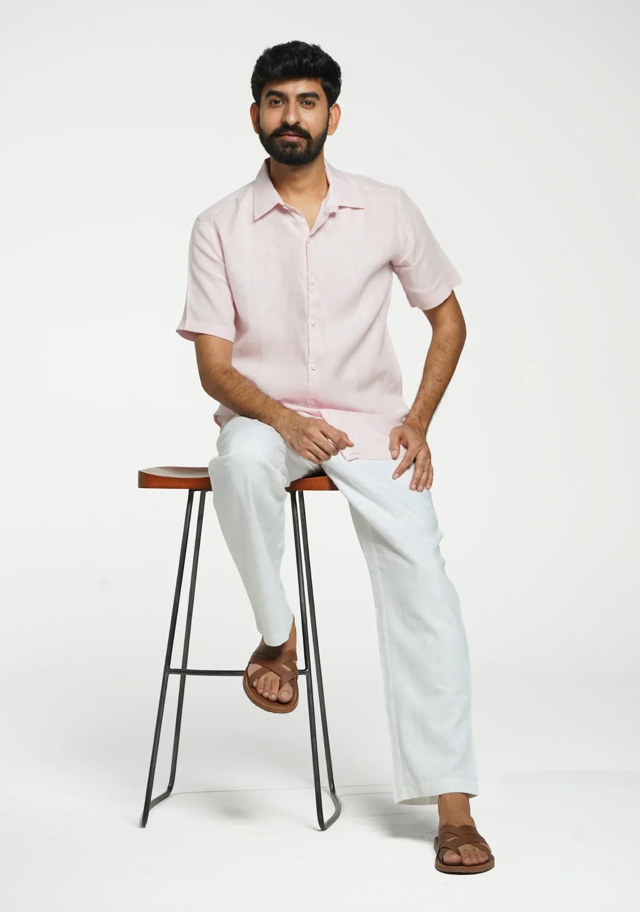 Men Blush Pink Pure Linen Short Sleeve Shirt - Image 13
