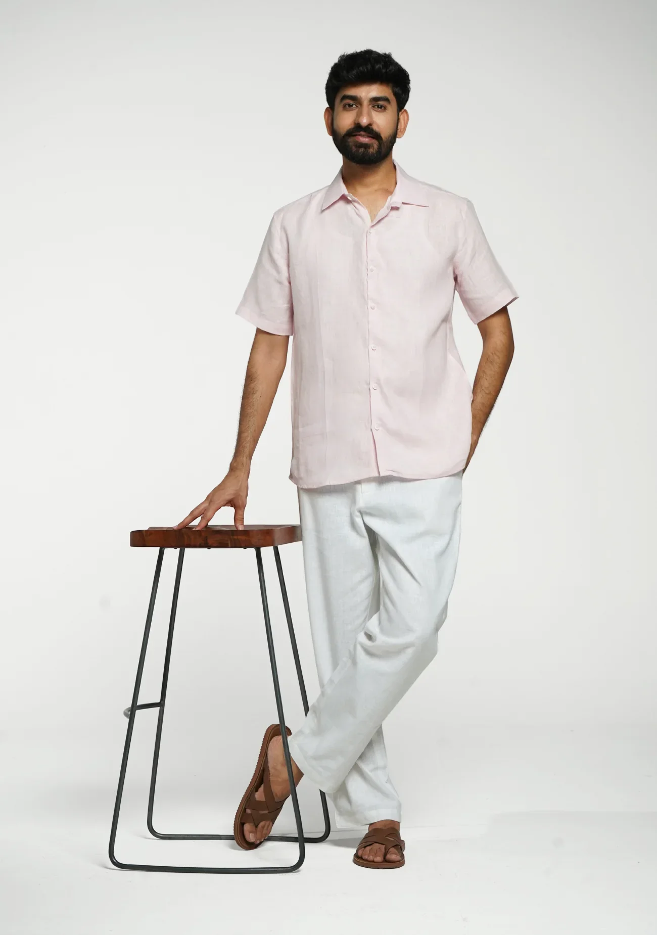 Men Blush Pink Pure Linen Short Sleeve Shirt - Image 14