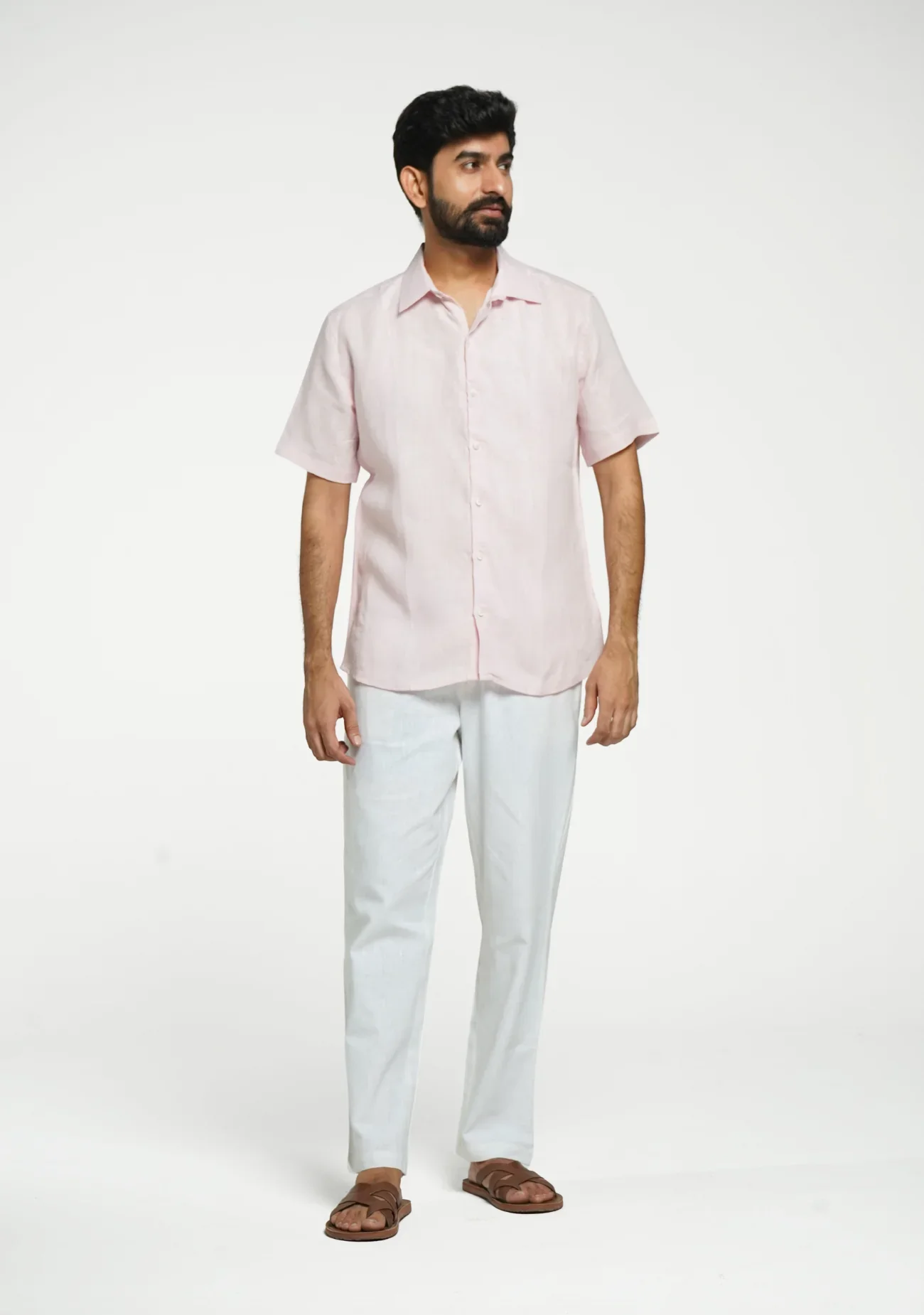 Men Blush Pink Pure Linen Short Sleeve Shirt - Image 3