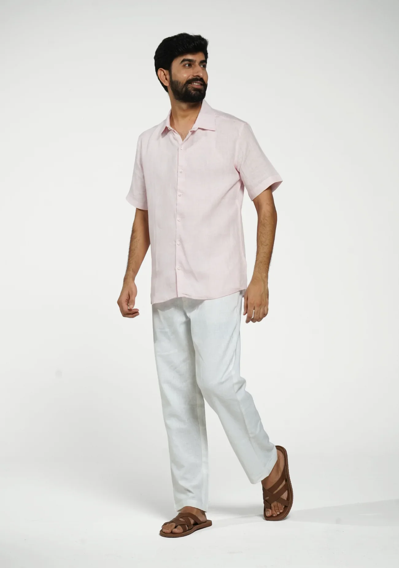 Men Blush Pink Pure Linen Short Sleeve Shirt - Image 6