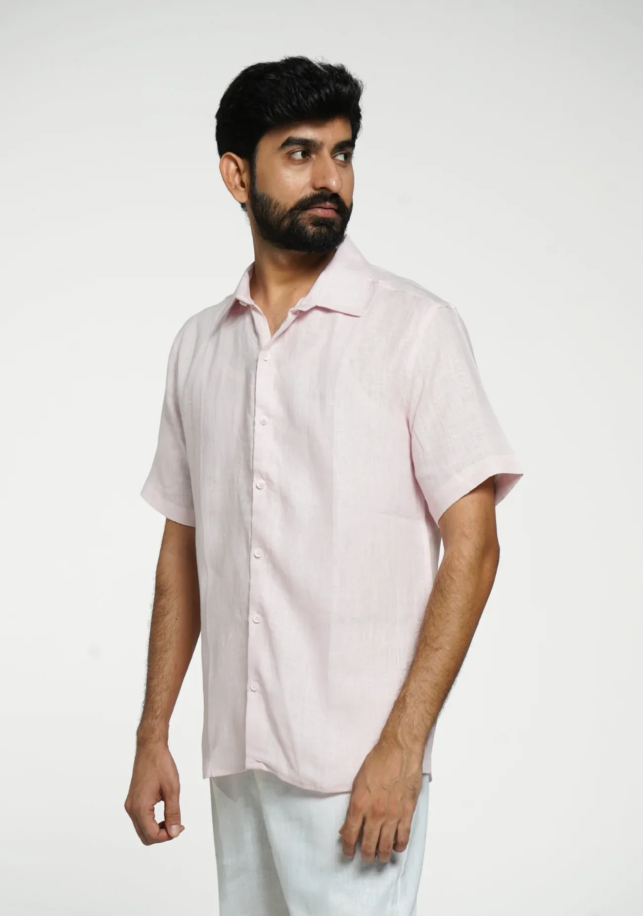 Men Blush Pink Pure Linen Short Sleeve Shirt - Image 9