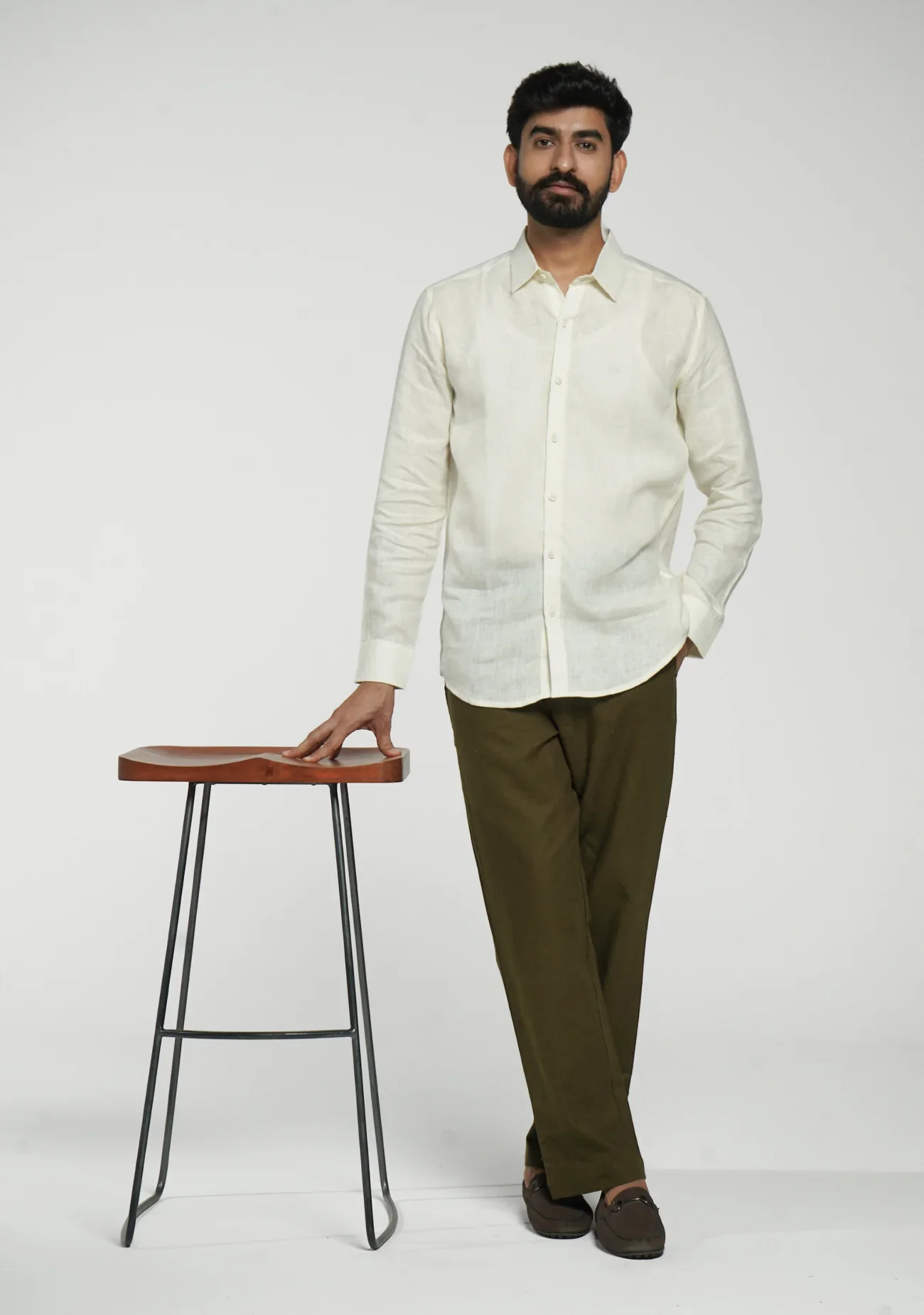 Men Cream Pure Linen Full Sleeve Shirt - Image 3