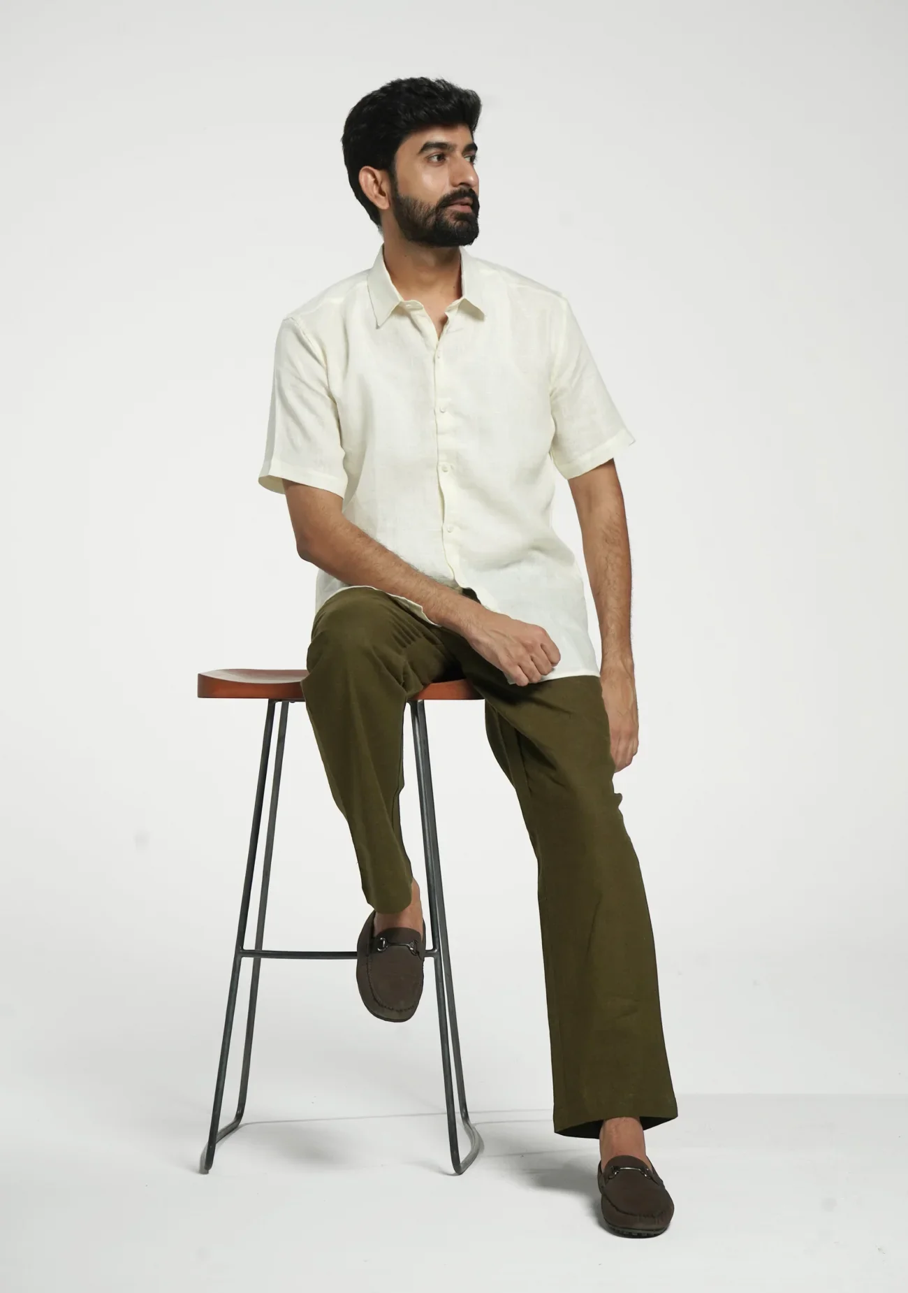 Men Cream Pure Linen Short Sleeve Shirt - Image 10