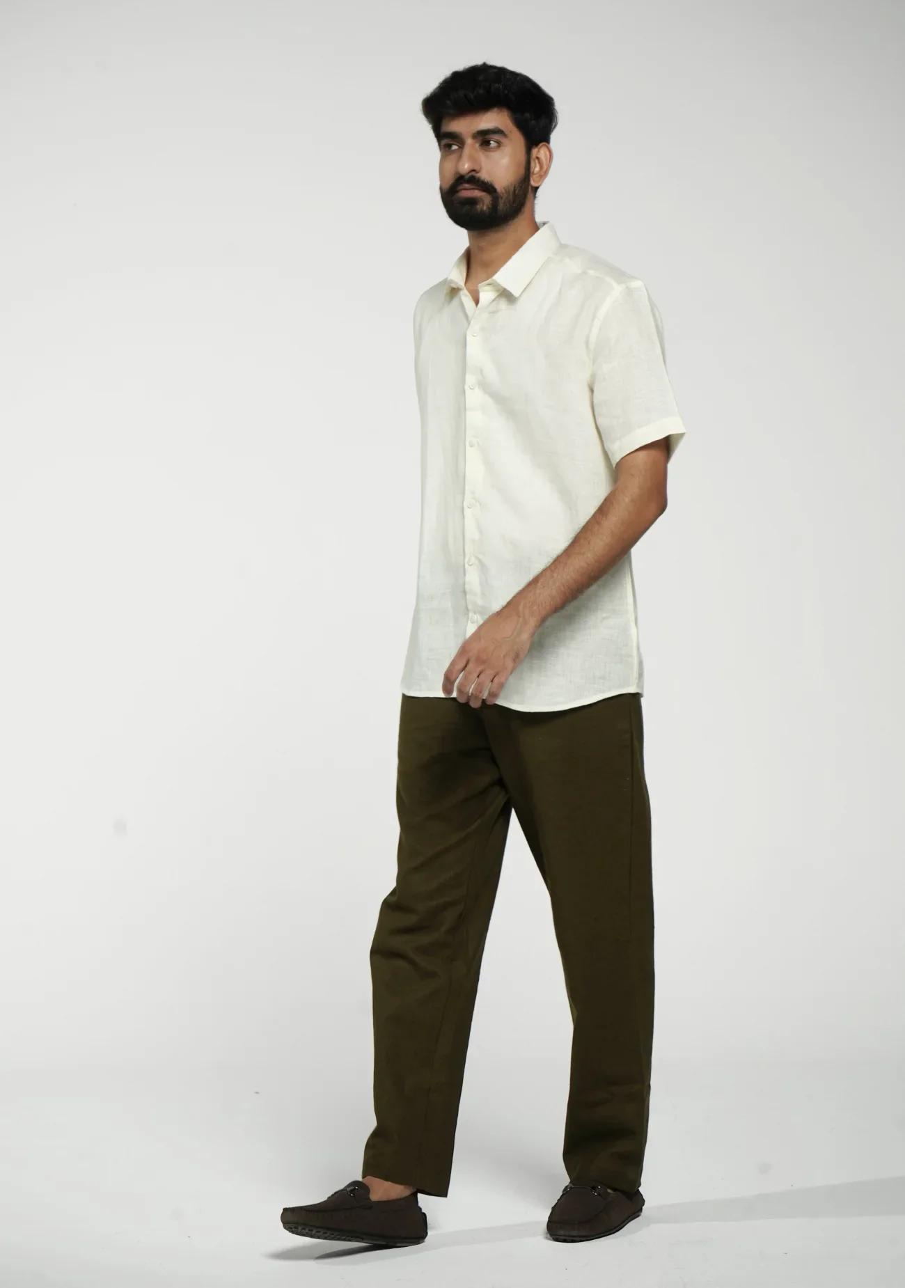Men Cream Pure Linen Short Sleeve Shirt - Image 3