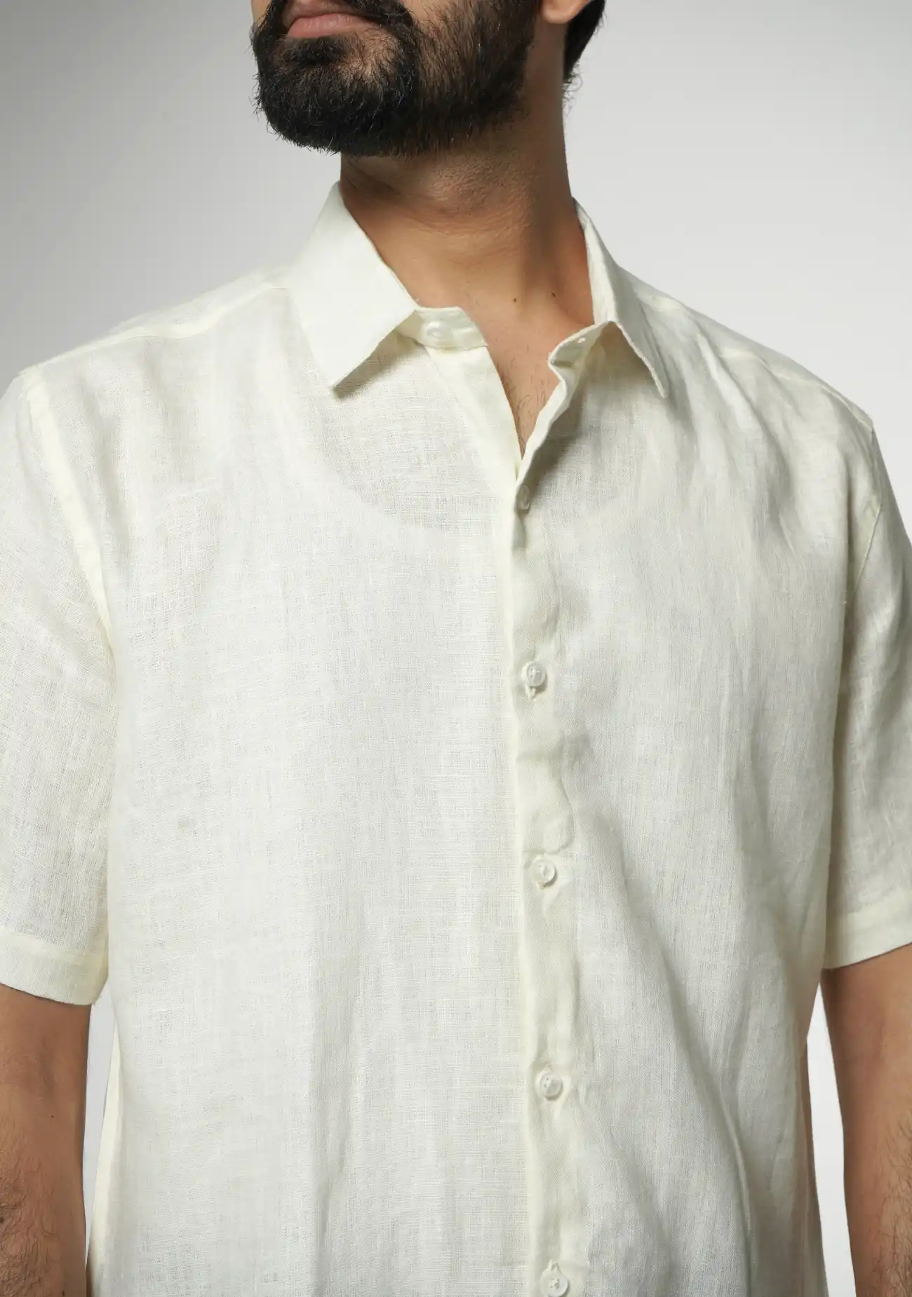 Men Cream Pure Linen Short Sleeve Shirt - Image 4