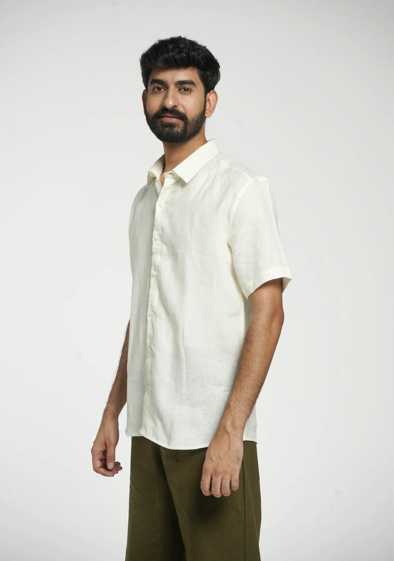 Men Cream Pure Linen Short Sleeve Shirt - Image 6