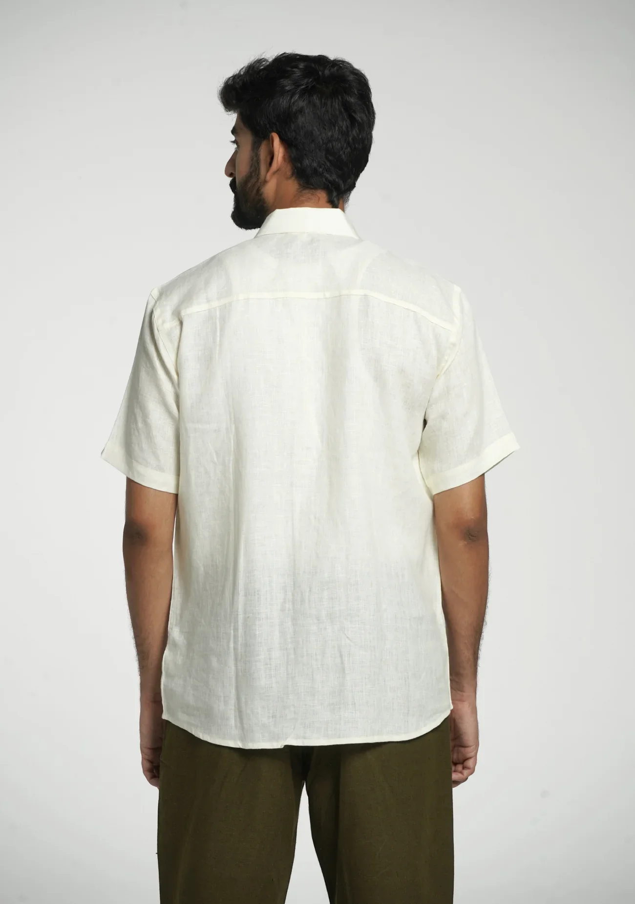 Men Cream Pure Linen Short Sleeve Shirt - Image 7