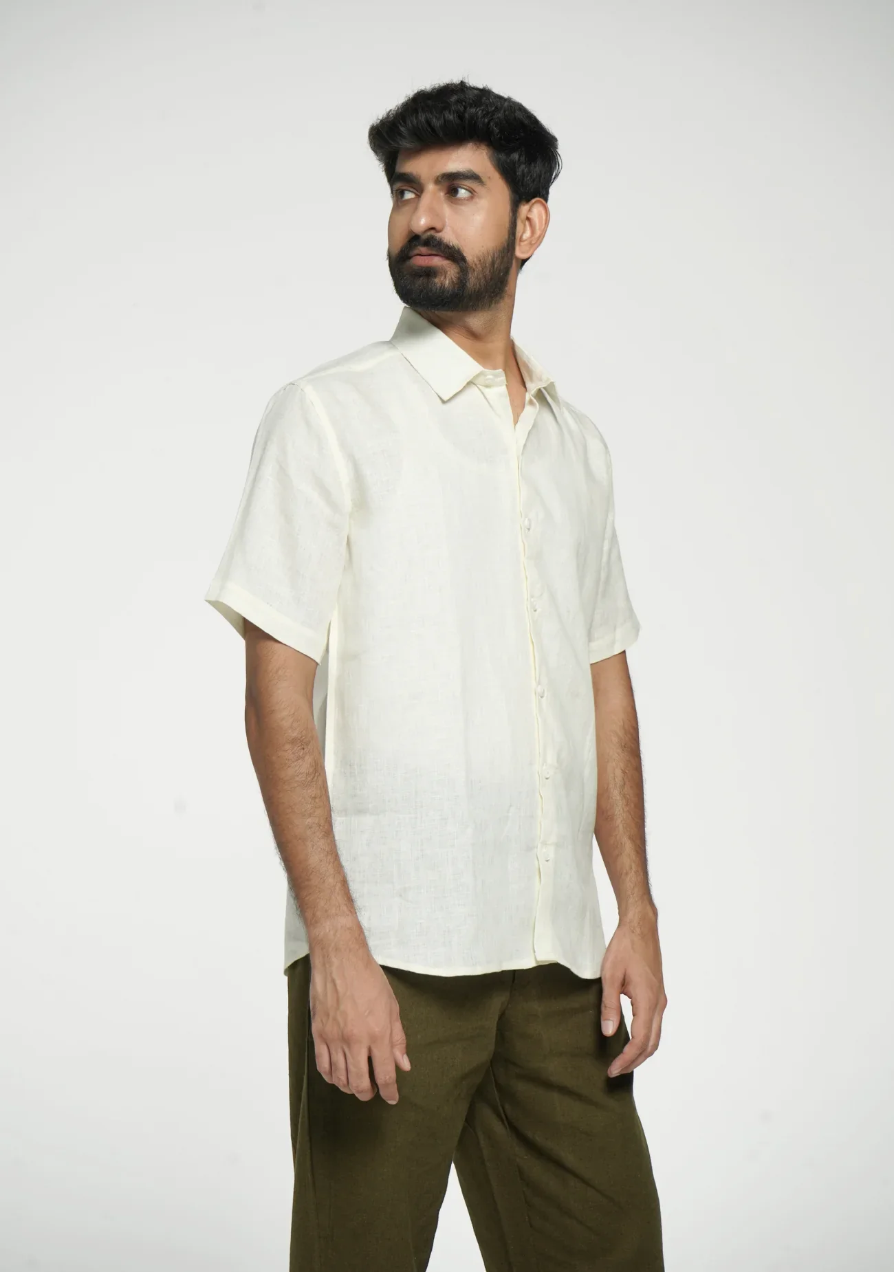 Men Cream Pure Linen Short Sleeve Shirt - Image 8
