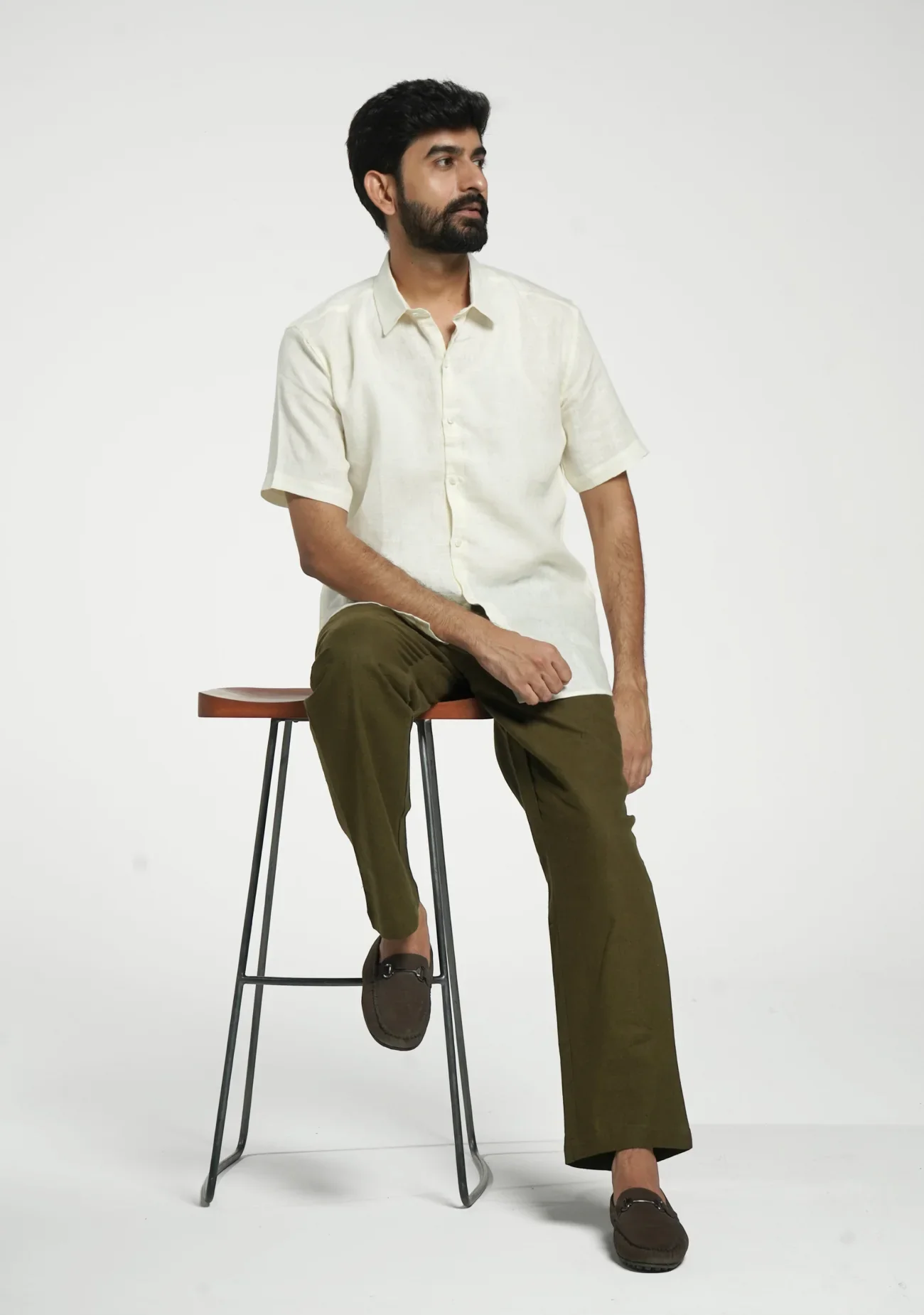 Men Cream Pure Linen Short Sleeve Shirt - Image 9