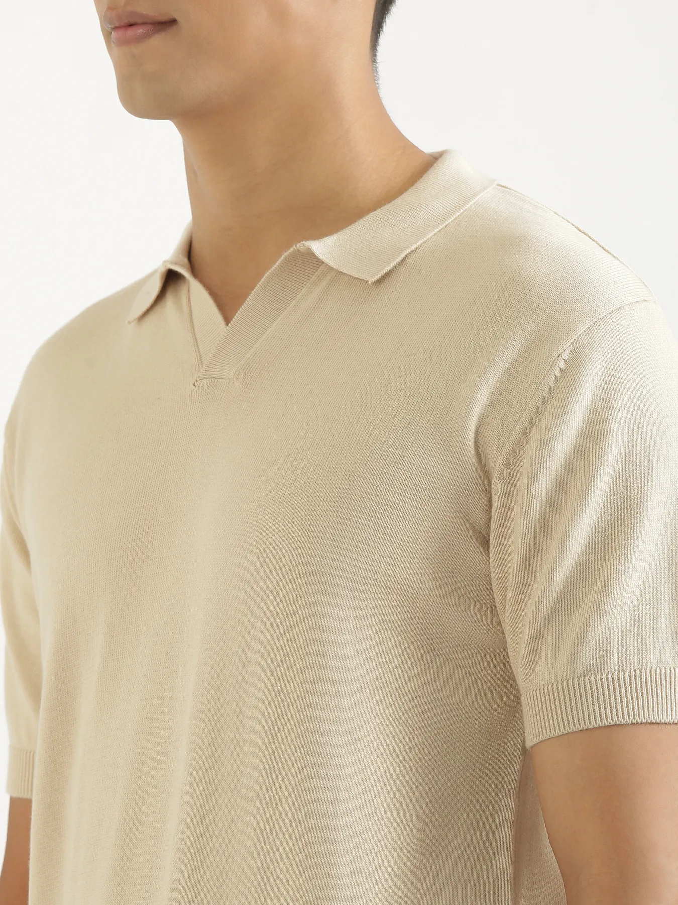 Men Beige Flat Knit Polo - Image 5