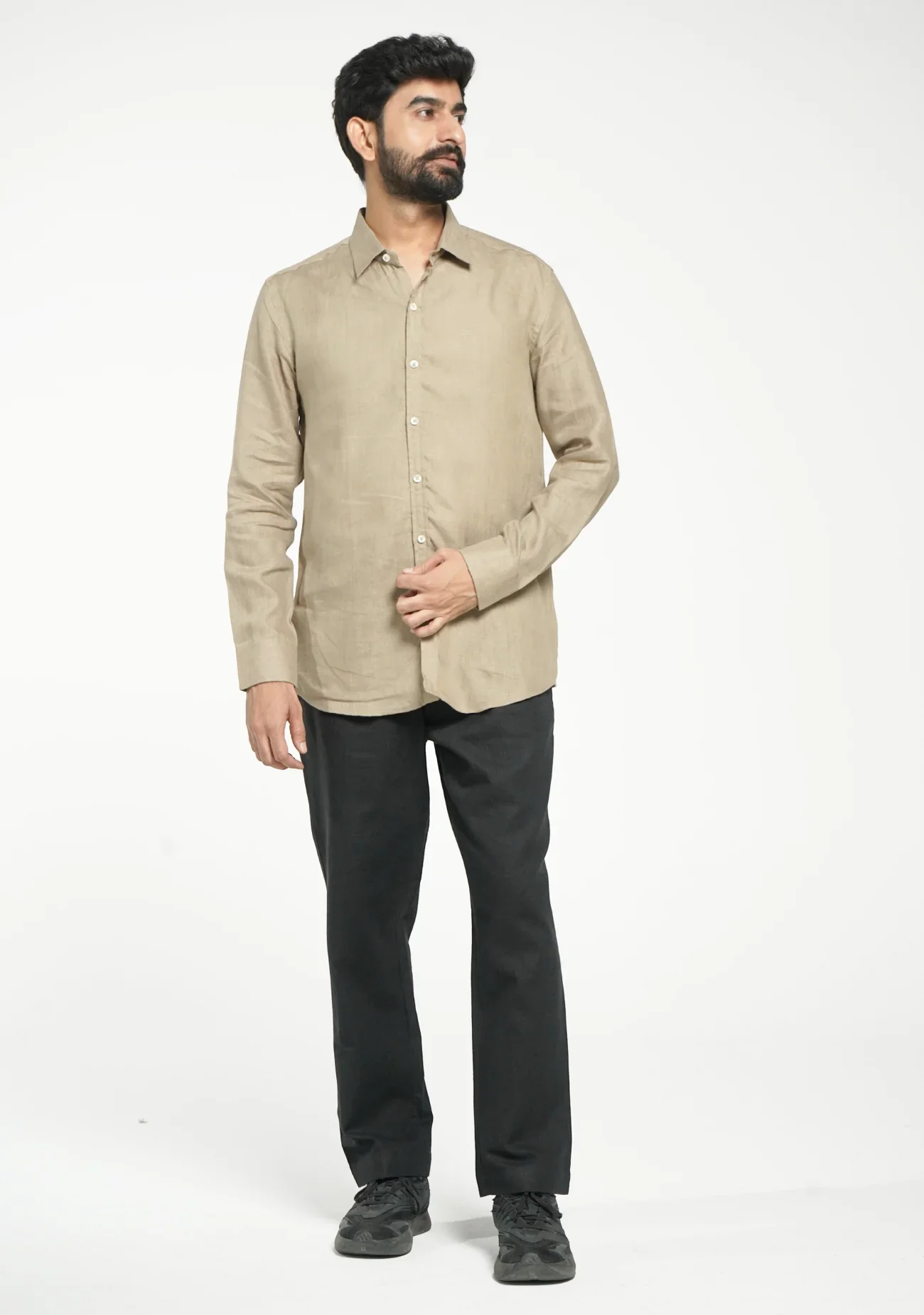 Men Khakhi Pure Linen Full Sleeve Shirt - Image 3
