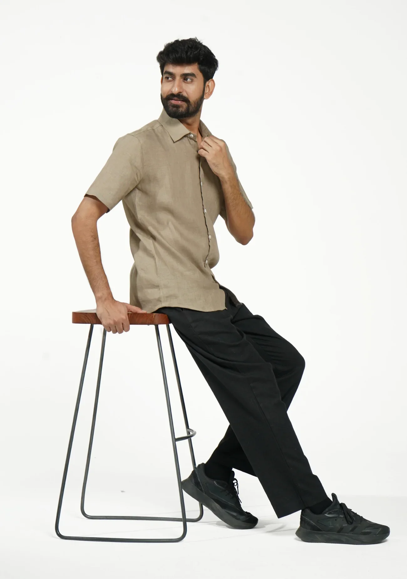 Men Khakhi Pure Linen Short Sleeve Shirt - Image 10