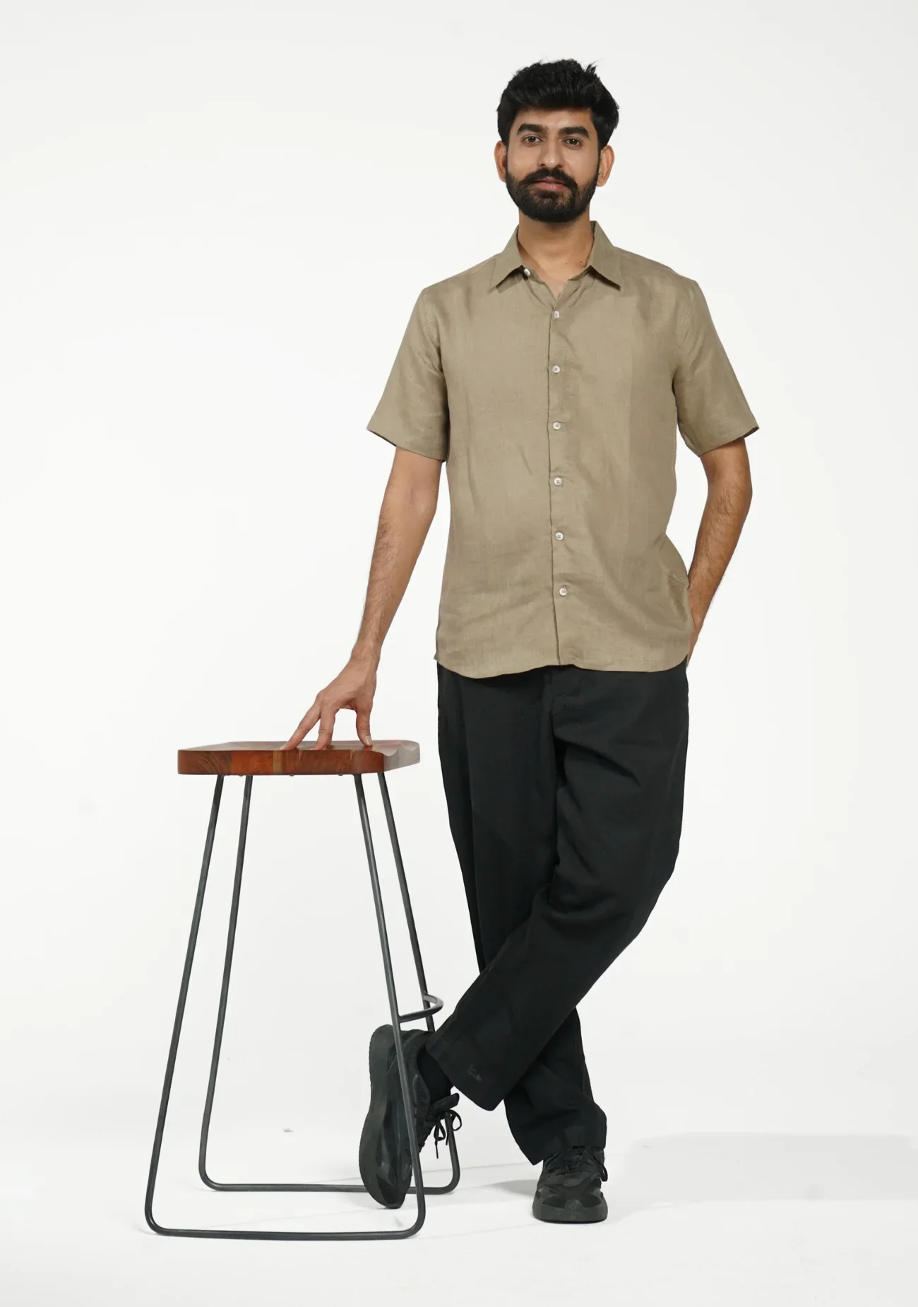 Men Khakhi Pure Linen Short Sleeve Shirt - Image 11
