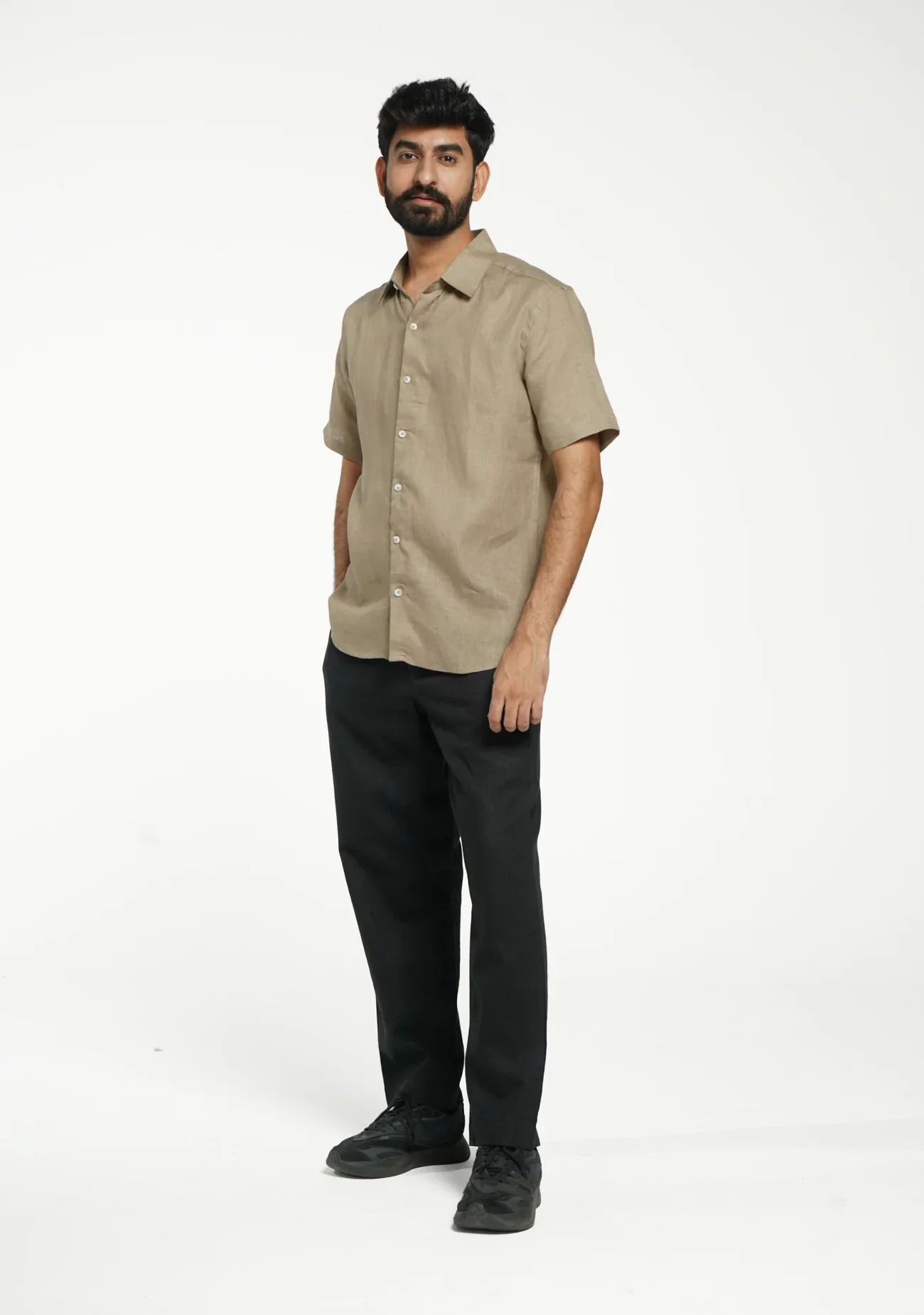 Men Khakhi Pure Linen Short Sleeve Shirt - Image 3