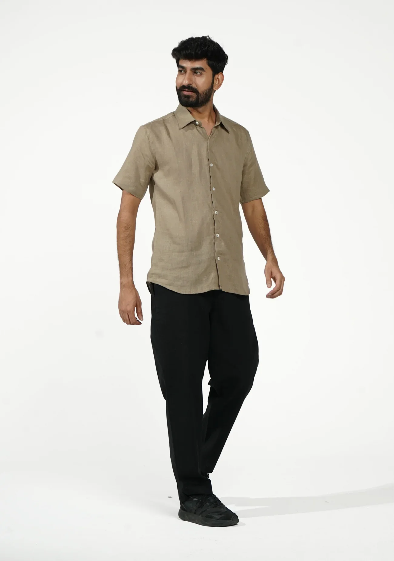 Men Khakhi Pure Linen Short Sleeve Shirt - Image 6