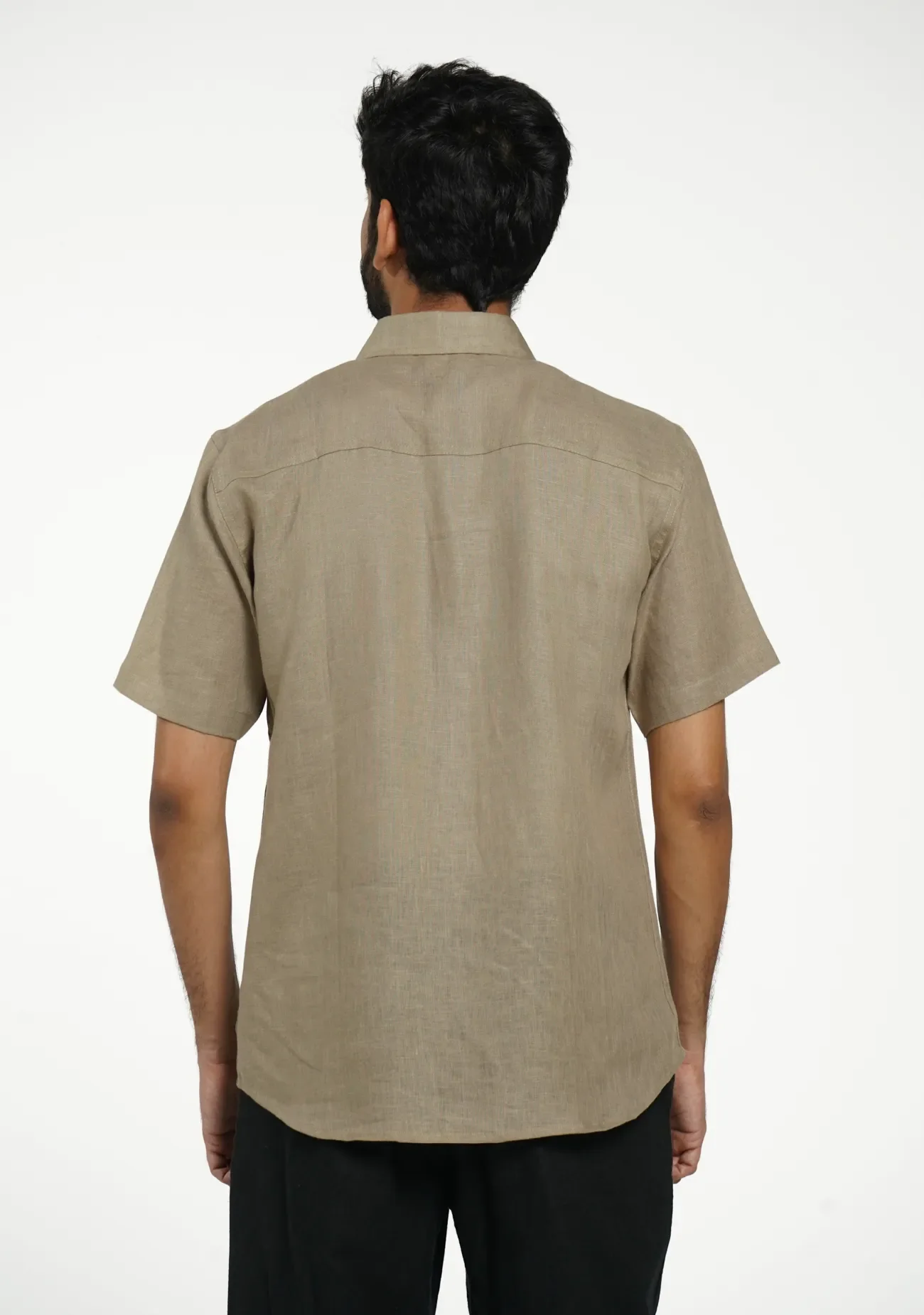 Men Khakhi Pure Linen Short Sleeve Shirt - Image 7