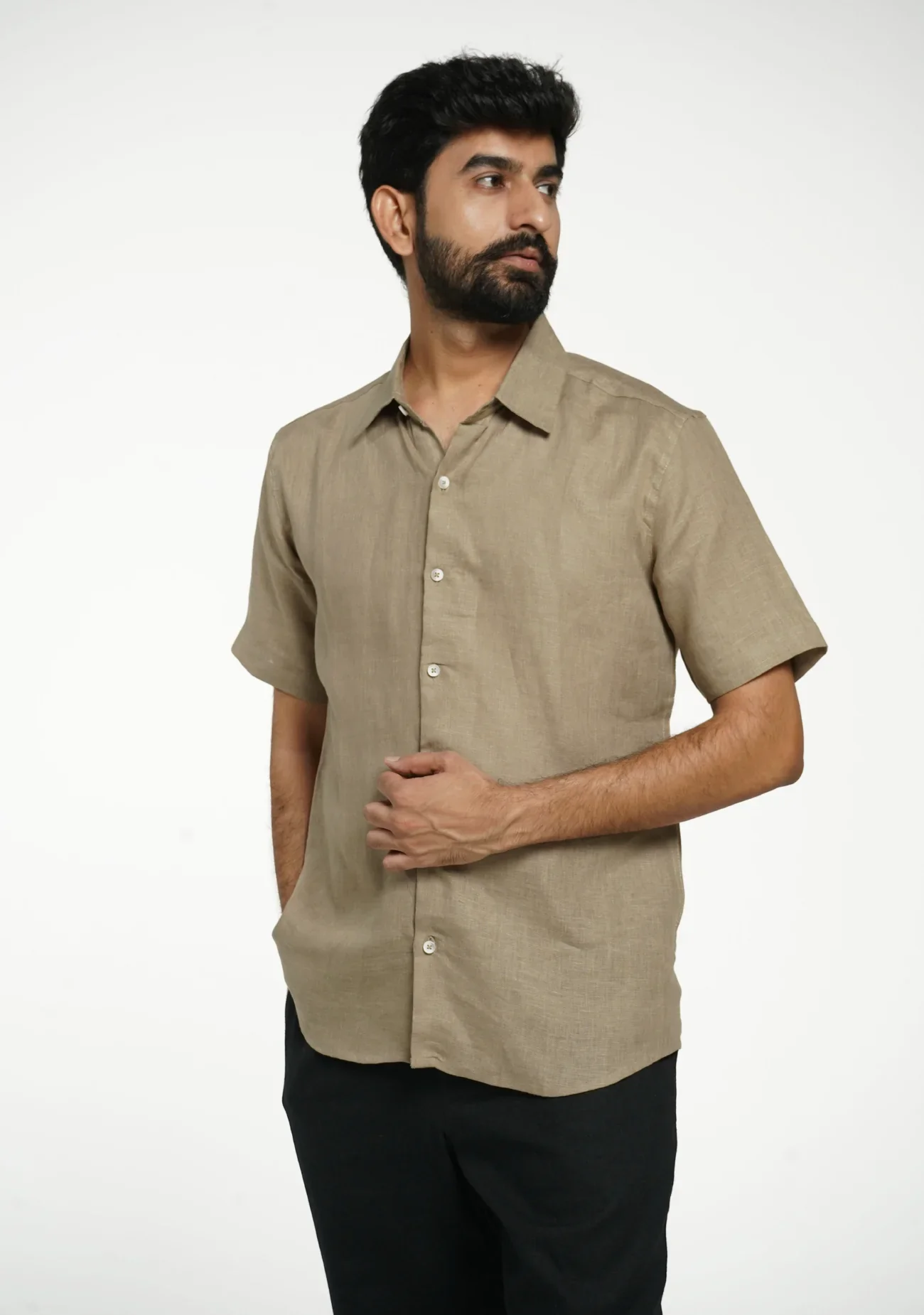 Men Khakhi Pure Linen Short Sleeve Shirt - Image 9