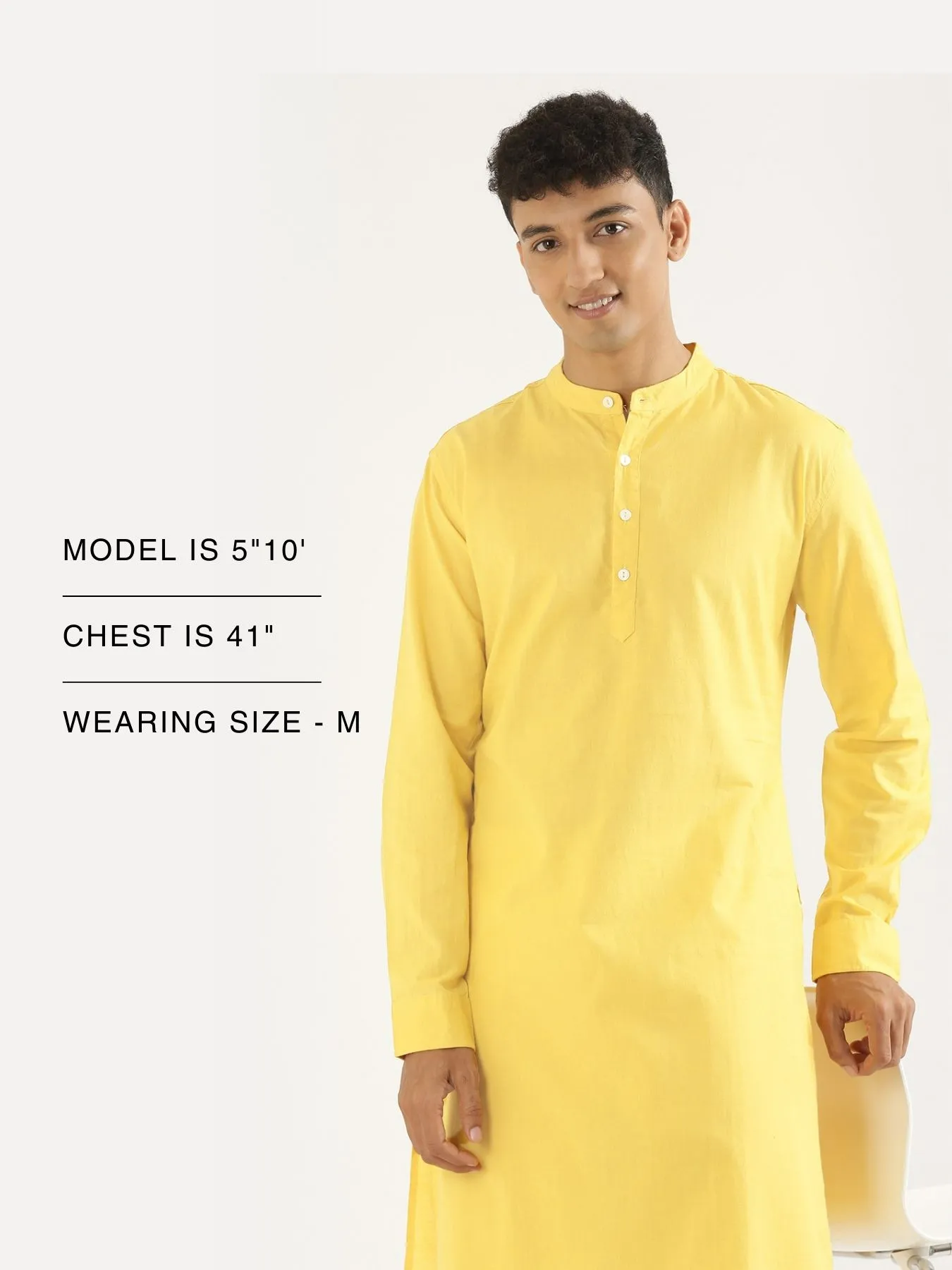 Men Lemon Yellow Airy Linen Long Kurta - Image 10