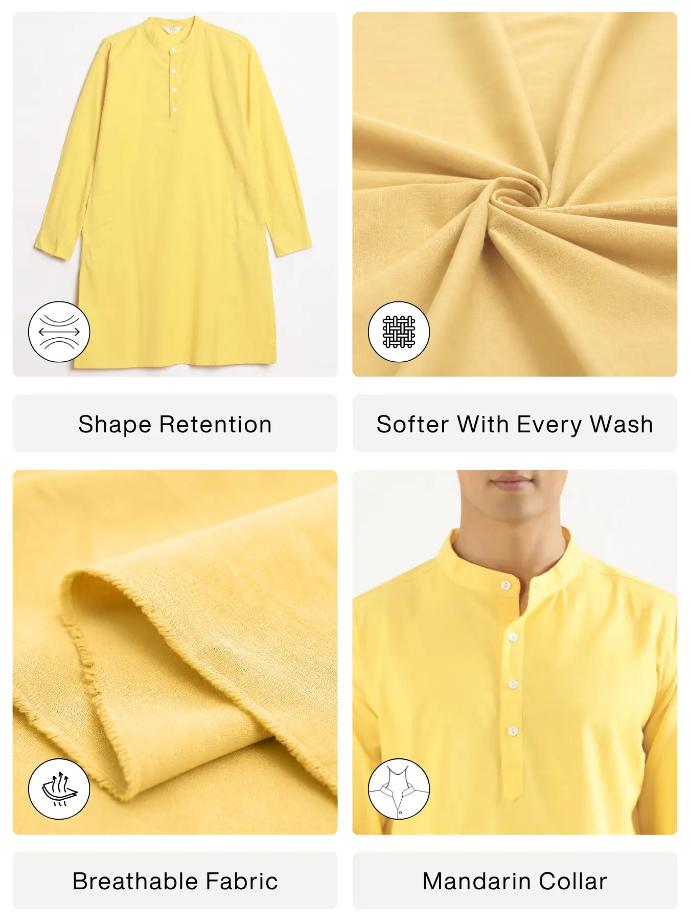 Men Lemon Yellow Airy Linen Long Kurta - Image 2