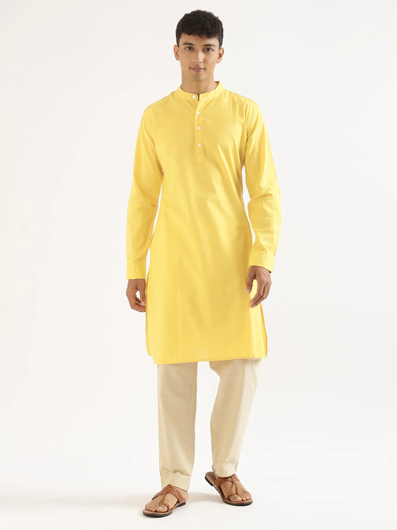 Men Lemon Yellow Airy Linen Long Kurta - Image 3