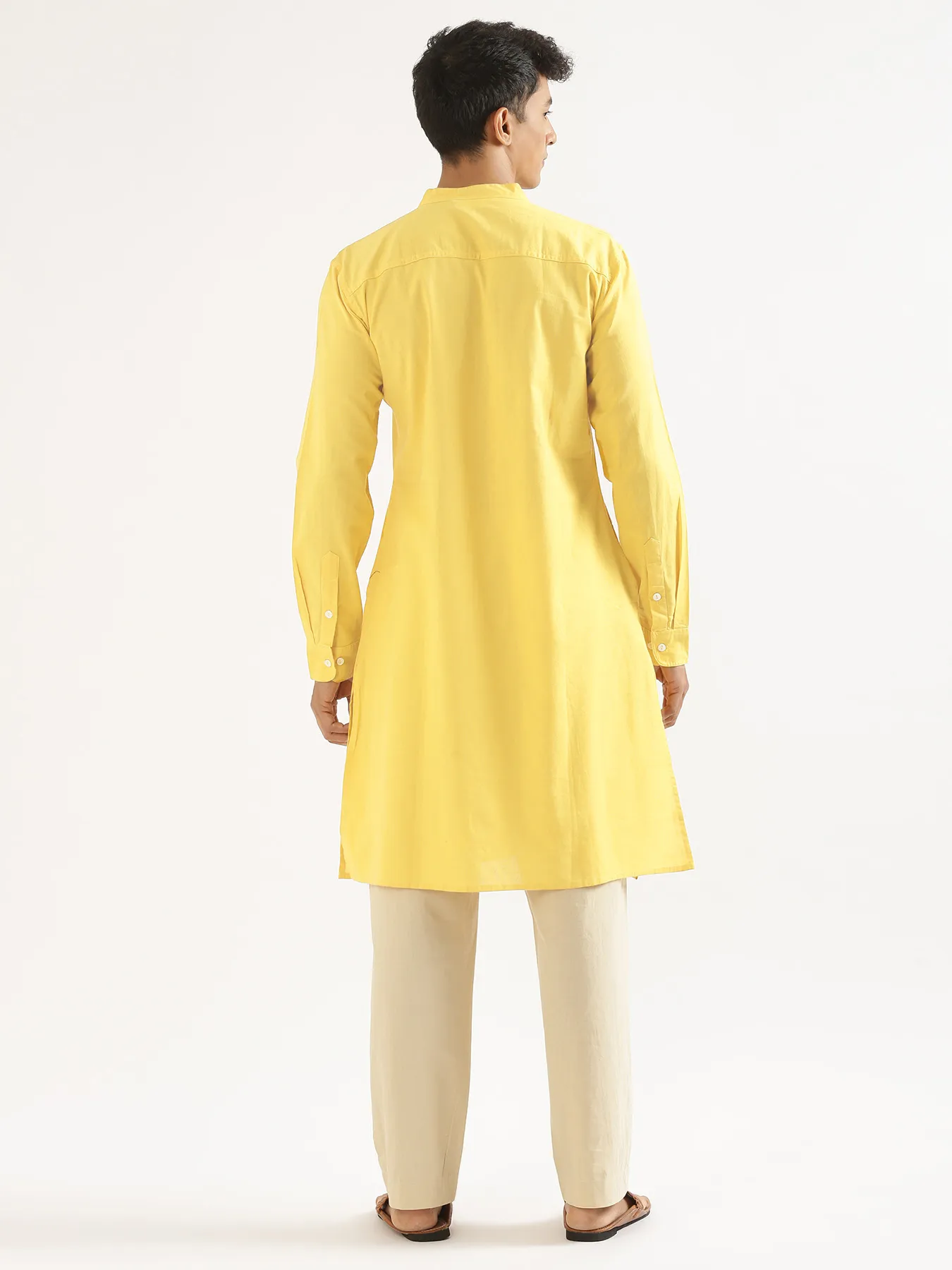 Men Lemon Yellow Airy Linen Long Kurta - Image 4