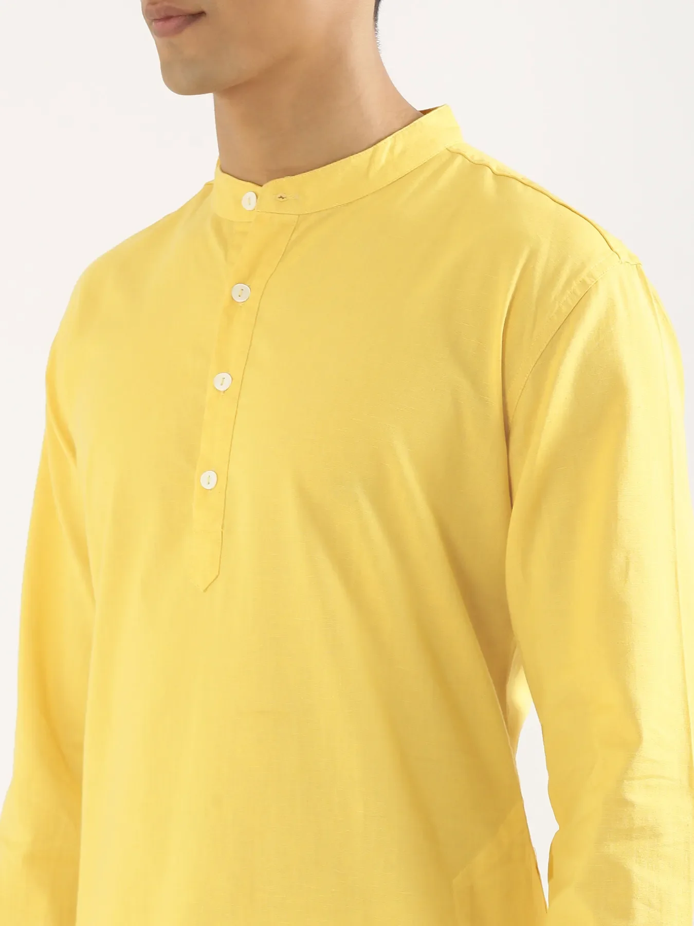 Men Lemon Yellow Airy Linen Long Kurta - Image 6