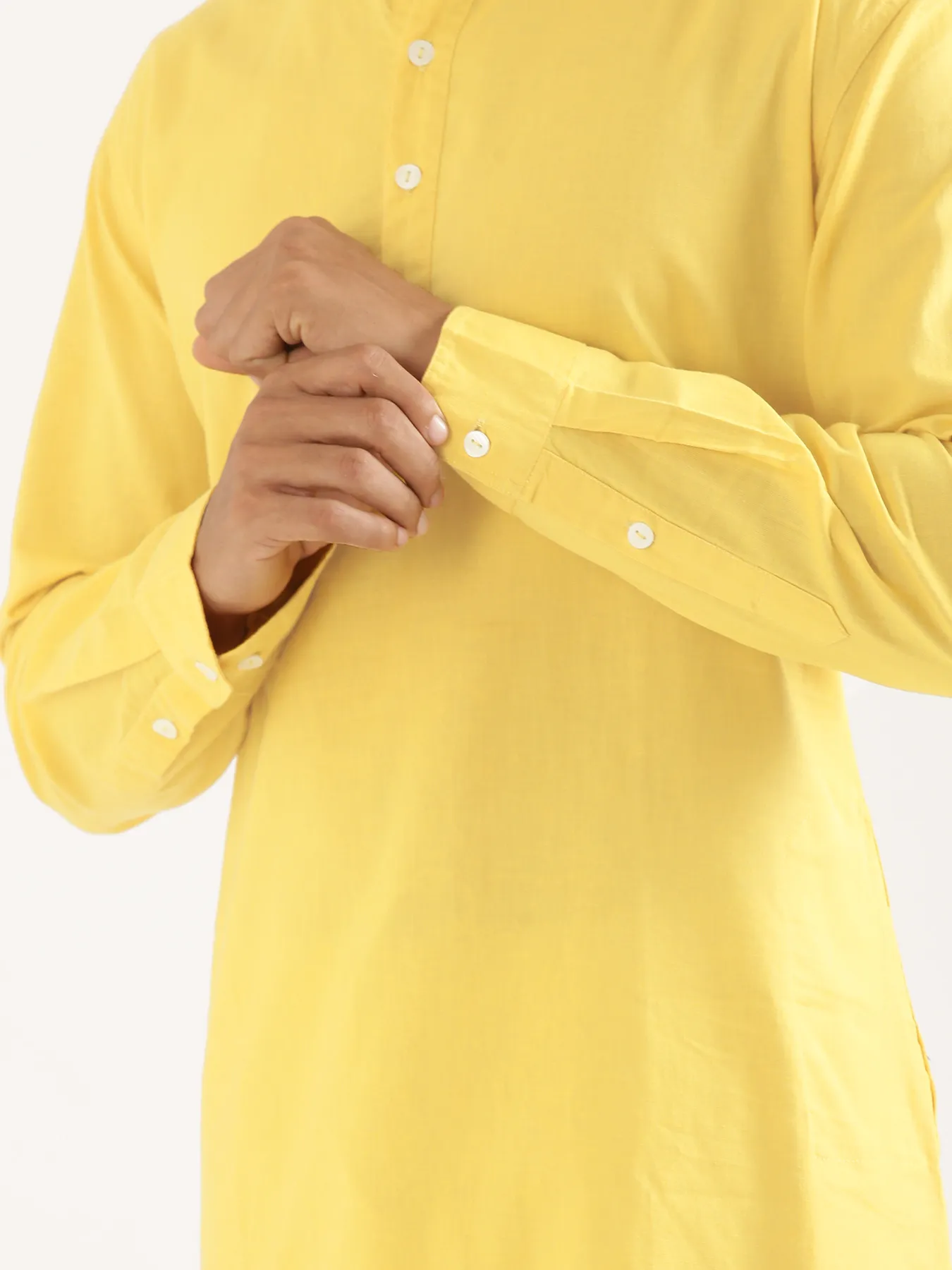 Men Lemon Yellow Airy Linen Long Kurta - Image 7