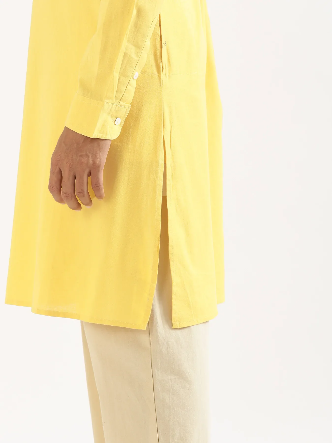 Men Lemon Yellow Airy Linen Long Kurta - Image 9
