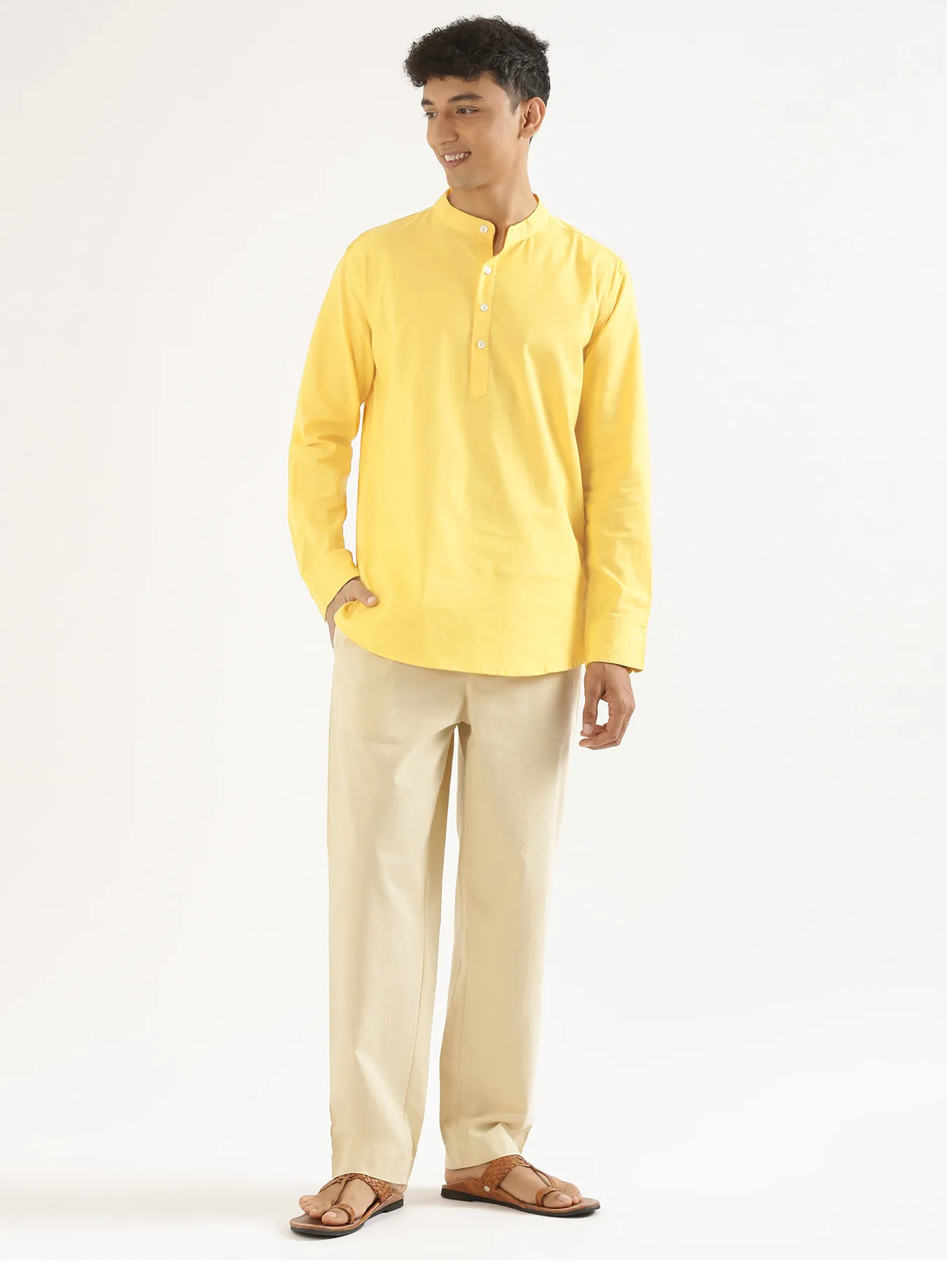 Men Lemon Yellow Airy Linen Short Kurta - Image 3