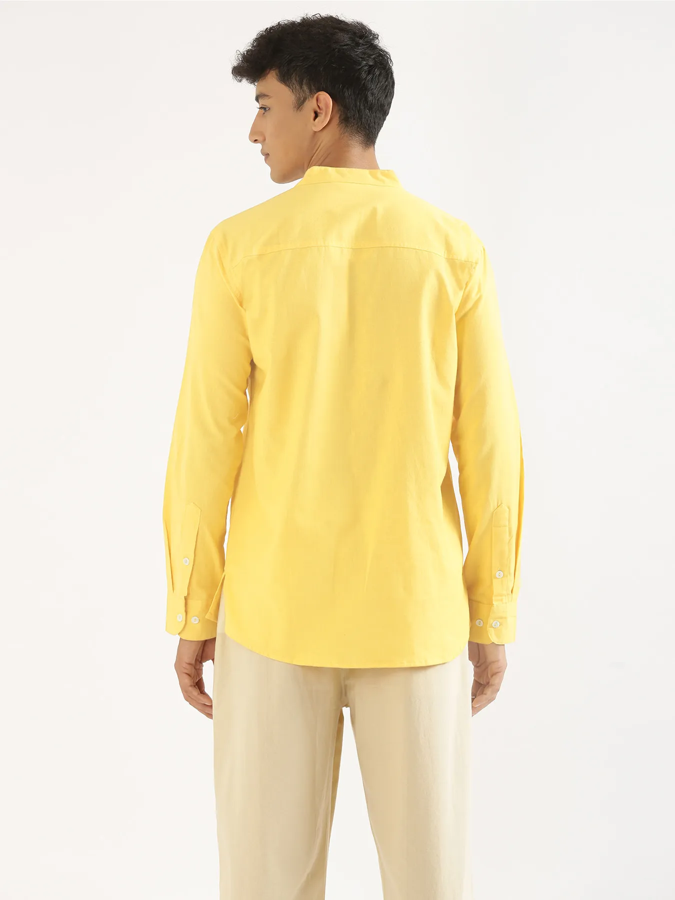 Men Lemon Yellow Airy Linen Short Kurta - Image 4