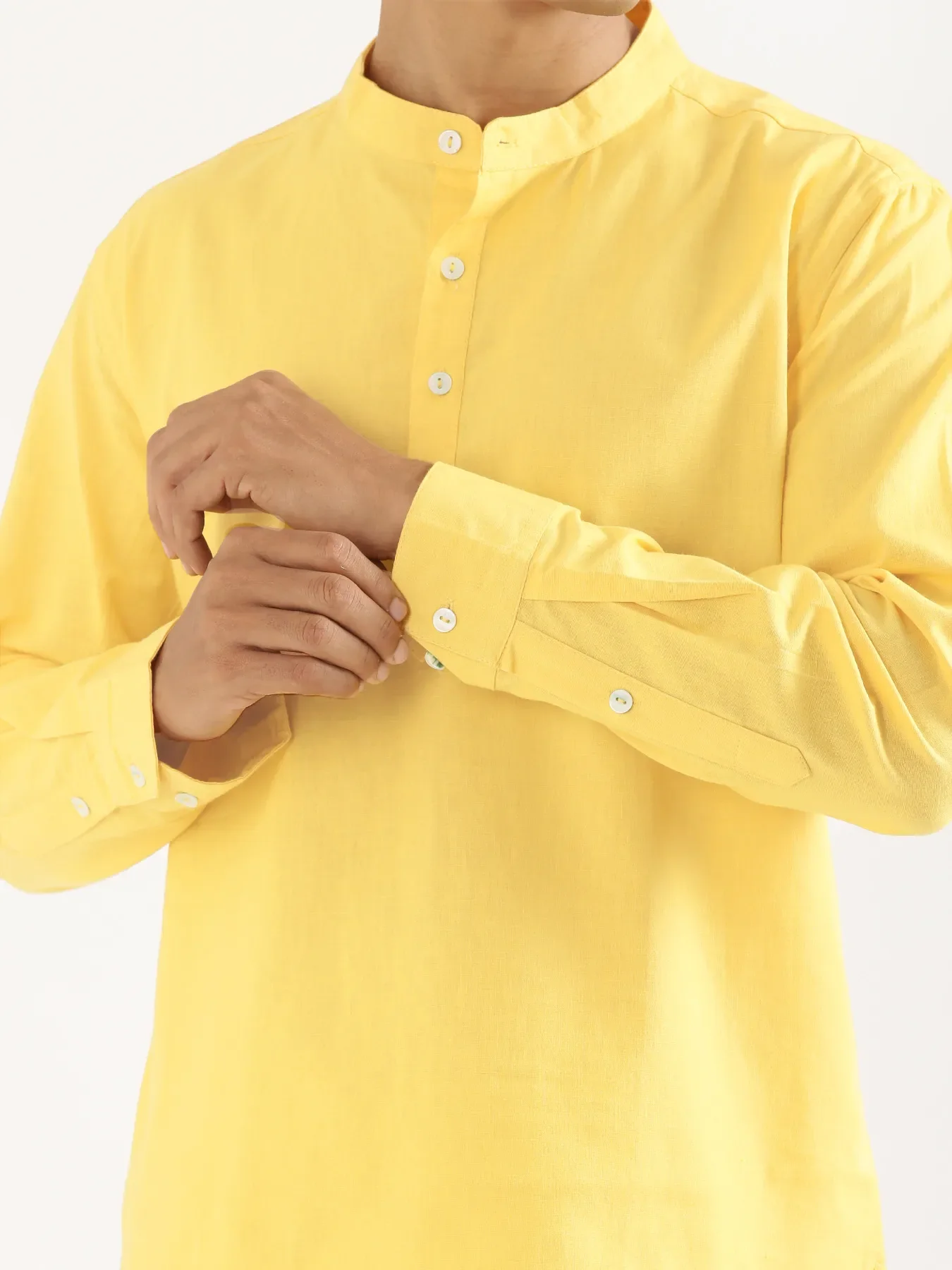 Men Lemon Yellow Airy Linen Short Kurta - Image 6