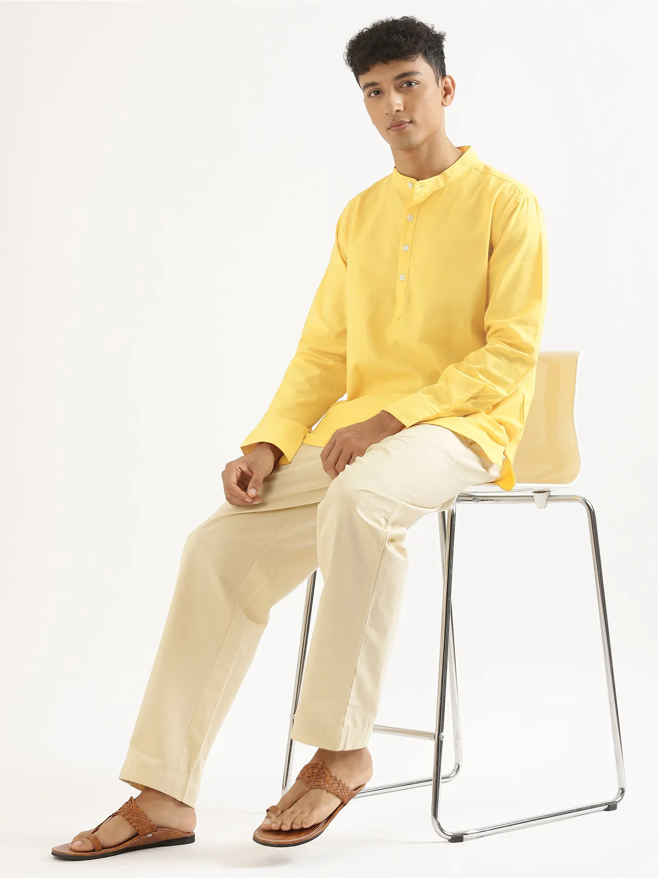 Men Lemon Yellow Airy Linen Short Kurta - Image 7